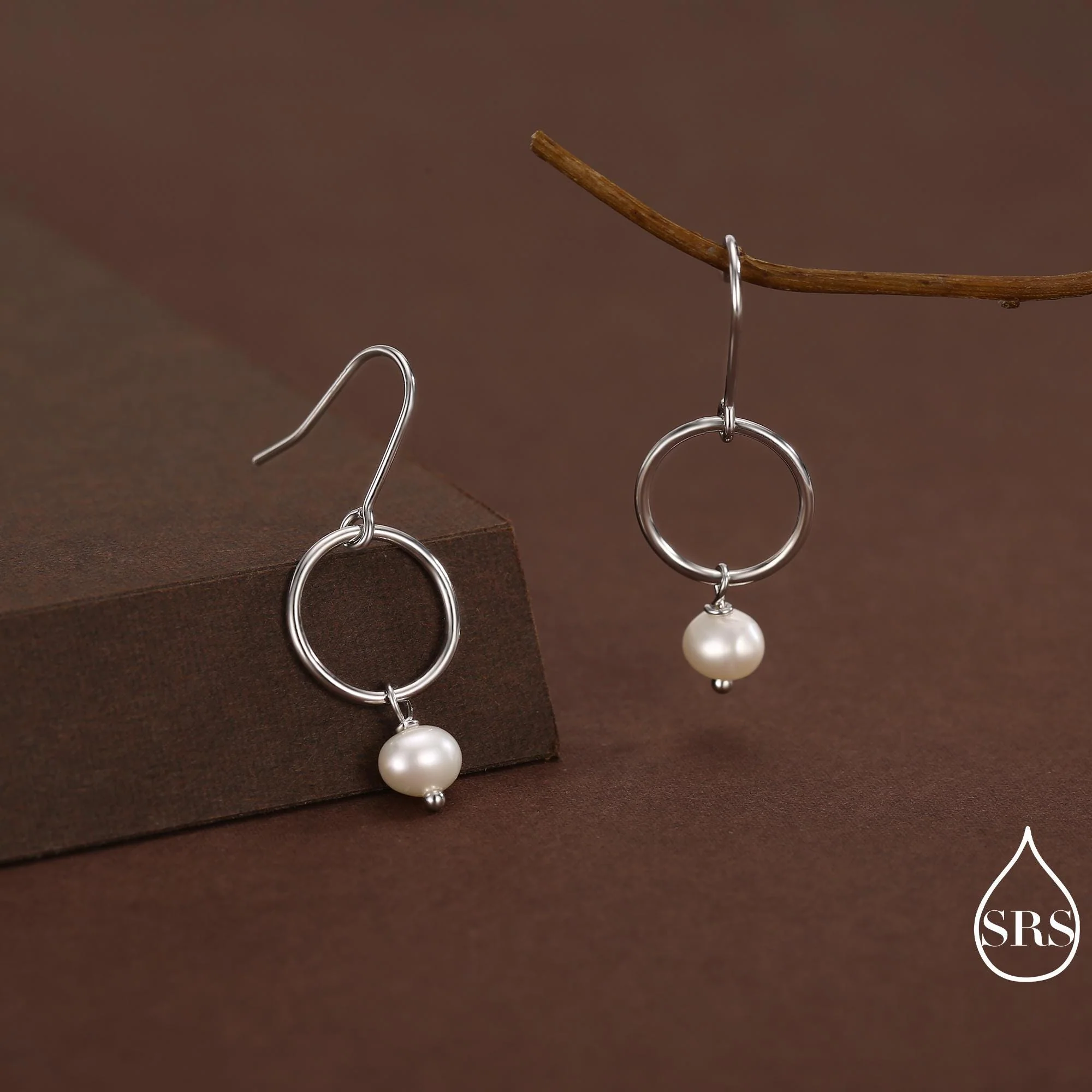 Genuine Freshwater Pearl and Circle Dangle Drop Earrings in Sterling Silver, Delicate Keshi Pearl Halo Earrings, Also in Gold and Rose Gold - Image 3