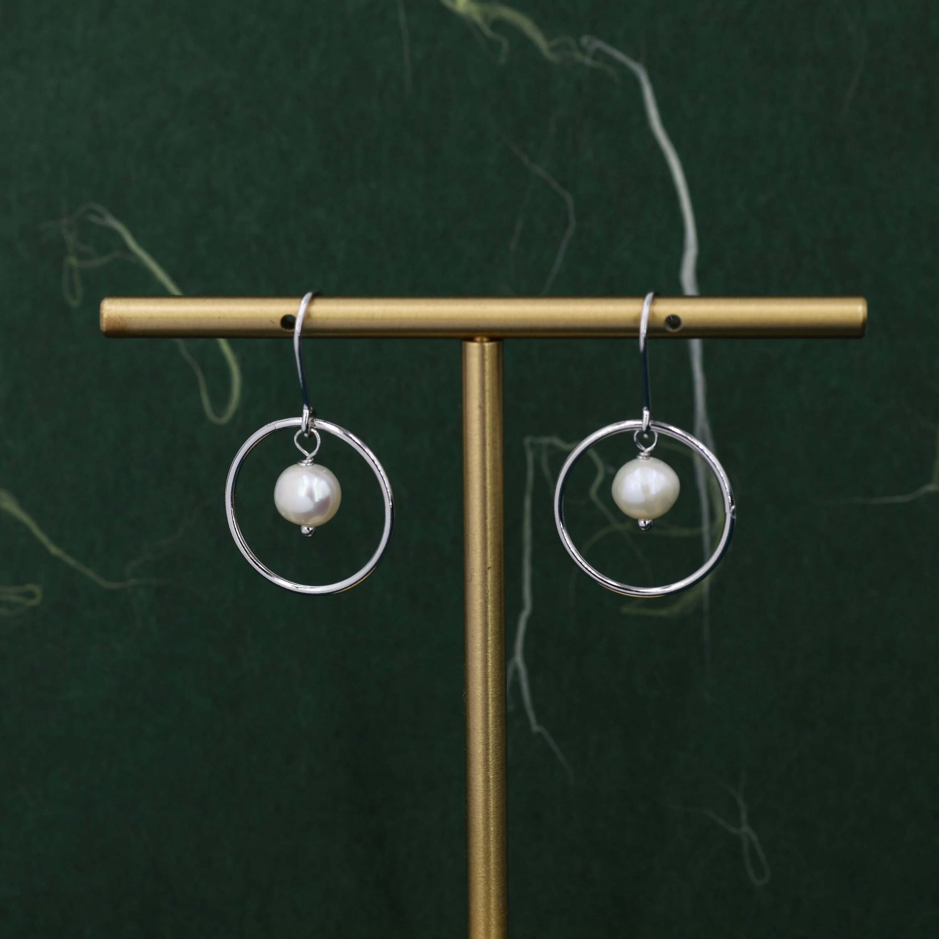 Genuine Freshwater Pearl and Circle Drop Earrings in Sterling Silver, Delicate Keshi Pearl Halo Earrings, Genuine Freshwater Pearls. - Image 2