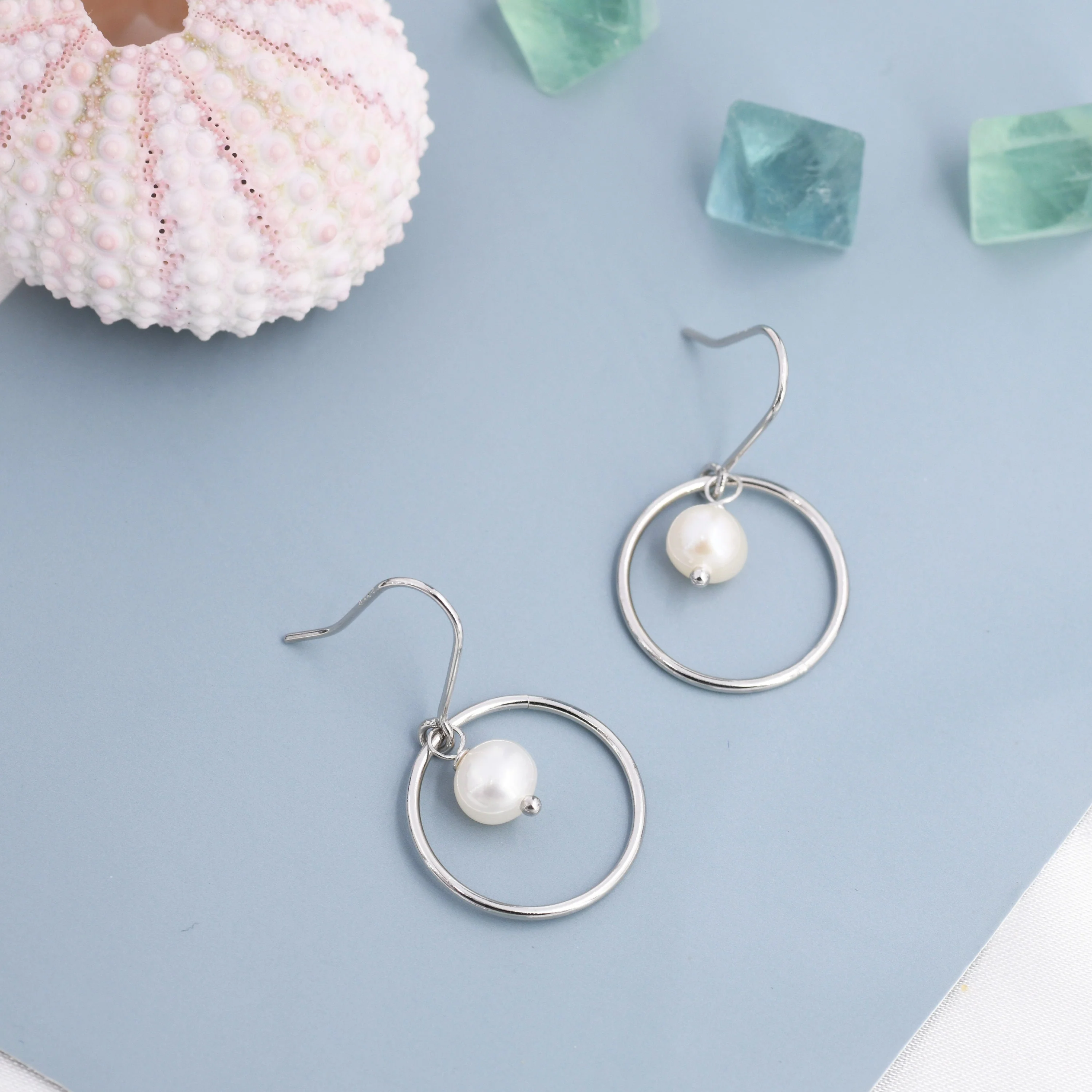 Genuine Freshwater Pearl and Circle Drop Earrings in Sterling Silver, Delicate Keshi Pearl Halo Earrings, Genuine Freshwater Pearls. - Image 3