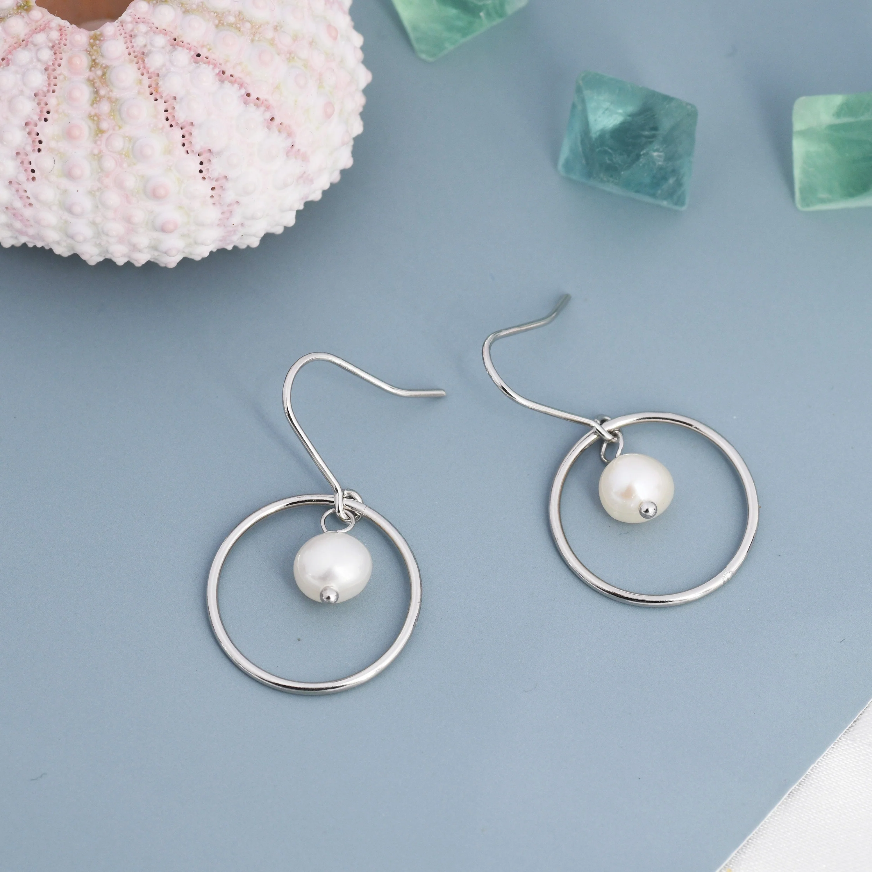 Genuine Freshwater Pearl and Circle Drop Earrings in Sterling Silver, Delicate Keshi Pearl Halo Earrings, Genuine Freshwater Pearls. - Image 5