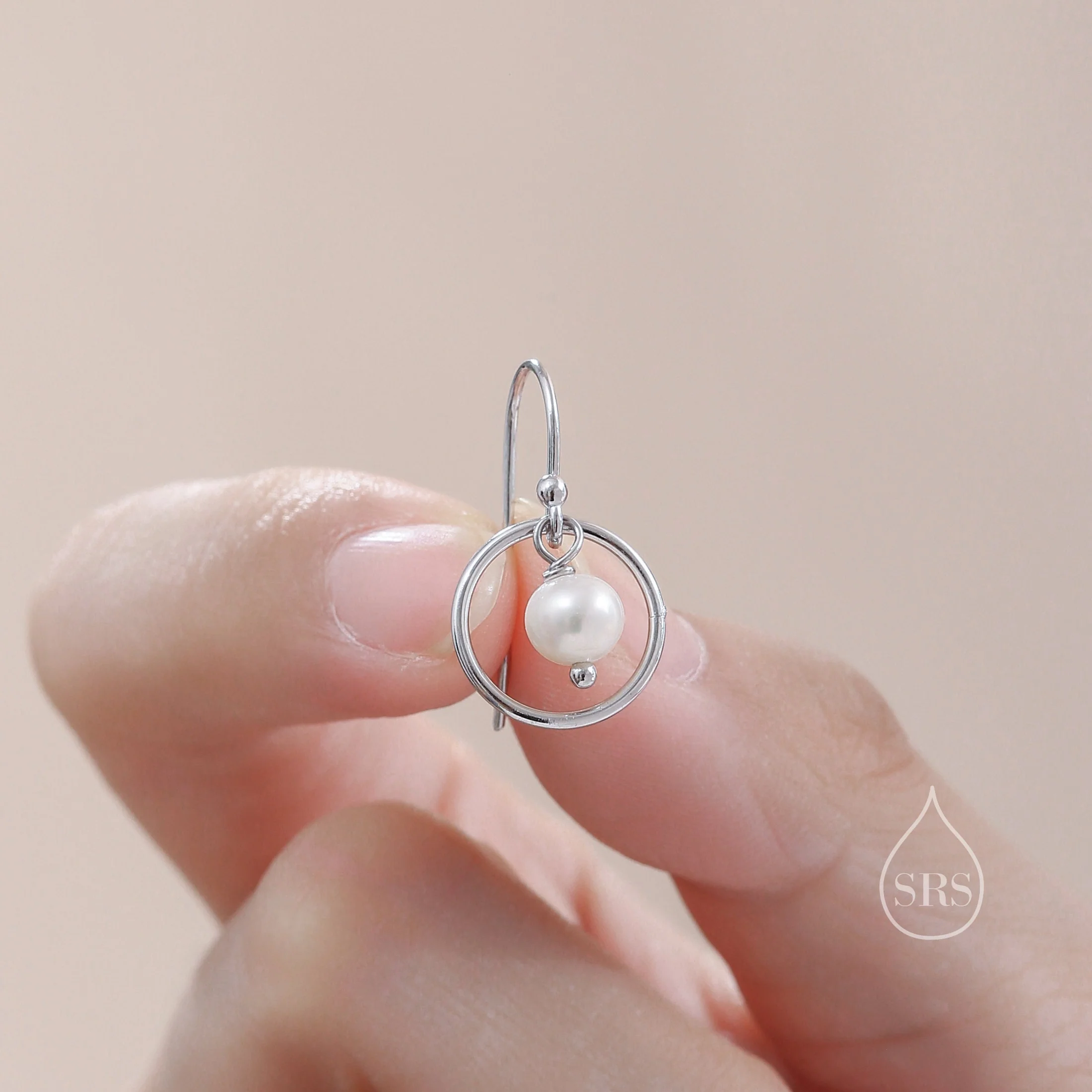 Genuine Freshwater Pearl and Circle Drop Earrings in Sterling Silver, Delicate Keshi Pearl Halo Earrings, Genuine Near Round Pearls. - Image 2