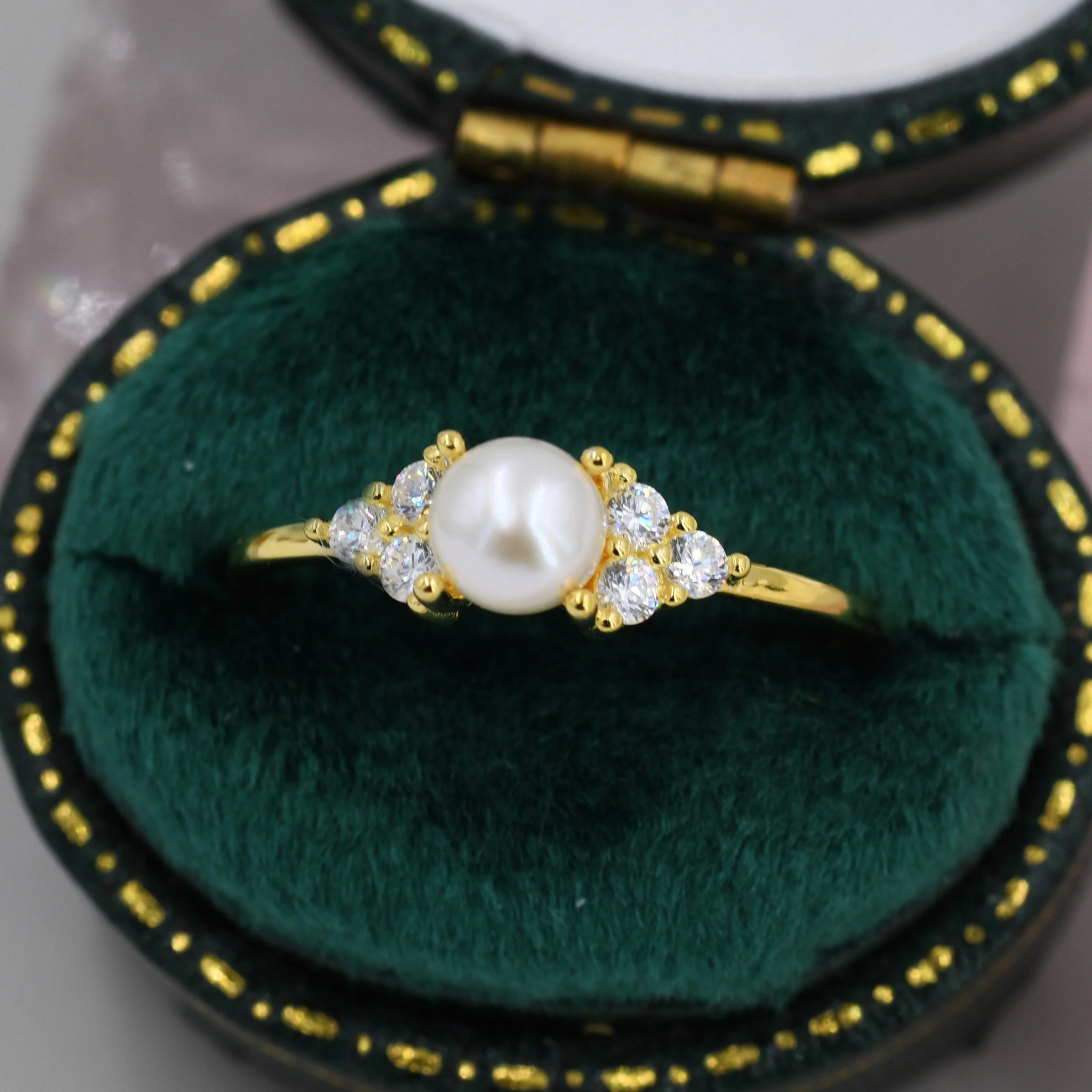 Genuine Freshwater Pearl and CZ Ring in Sterling Silver, Silver, Gold or Rose Gold, Natural Pearl Ring, US 5 - 8 - Image 3