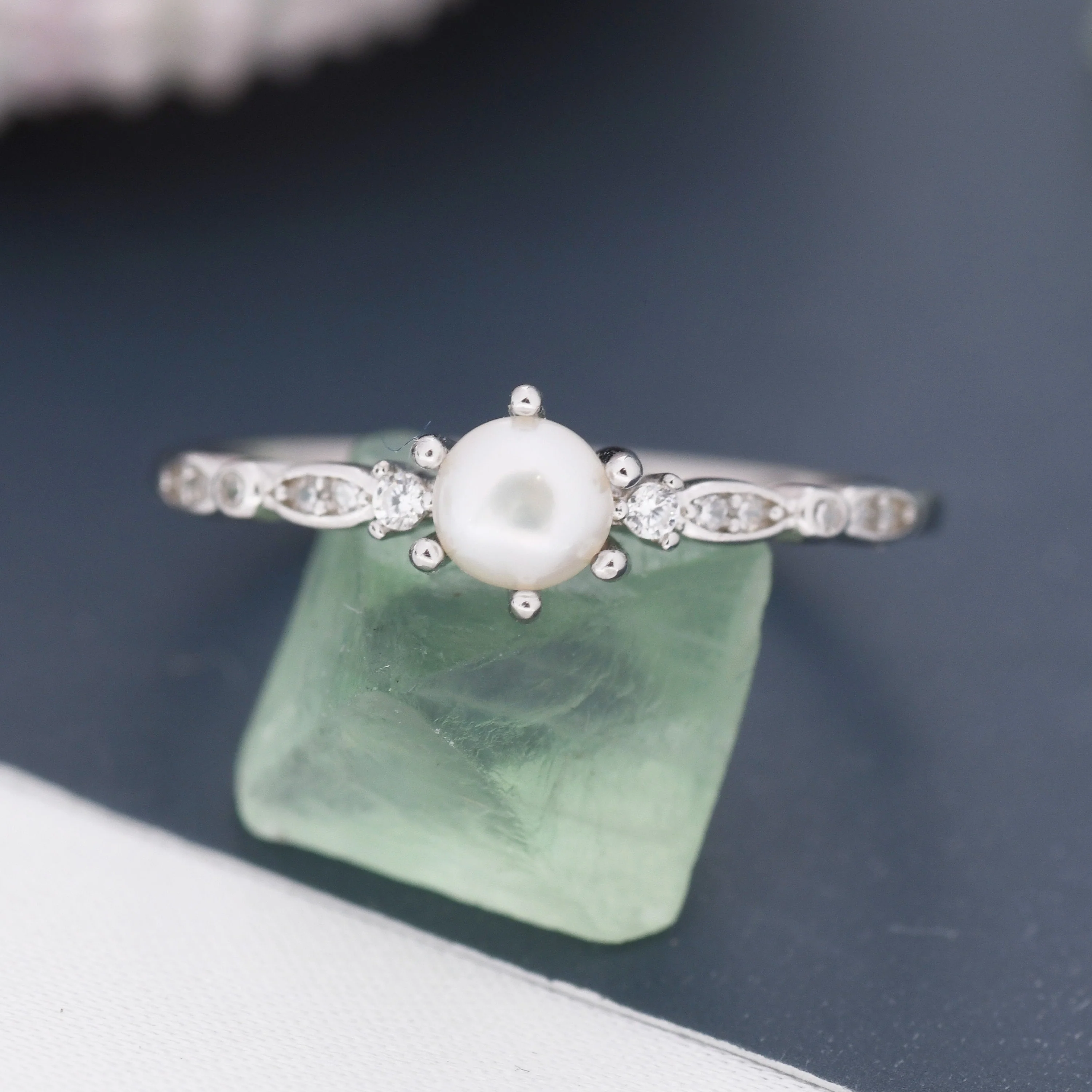 Genuine Freshwater Pearl and CZ Ring in Sterling Silver, Silver, Gold or Rose Gold, Natural Pearl Ring, US 5 - 8, Tiny Pearl Ring, - Image 6