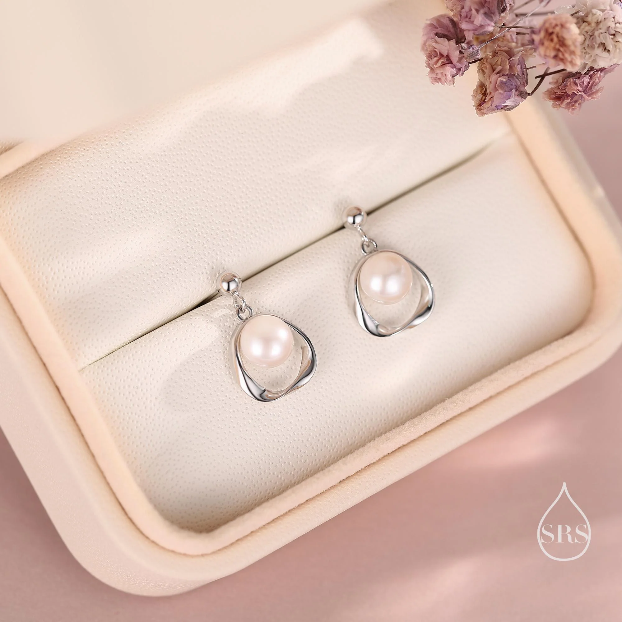 Genuine Freshwater Pearl and Mobius Circle Dangle Drop Earrings in Sterling Silver, Delicate Keshi Pearl Halo Earrings, Genuine Pearls - Image 2