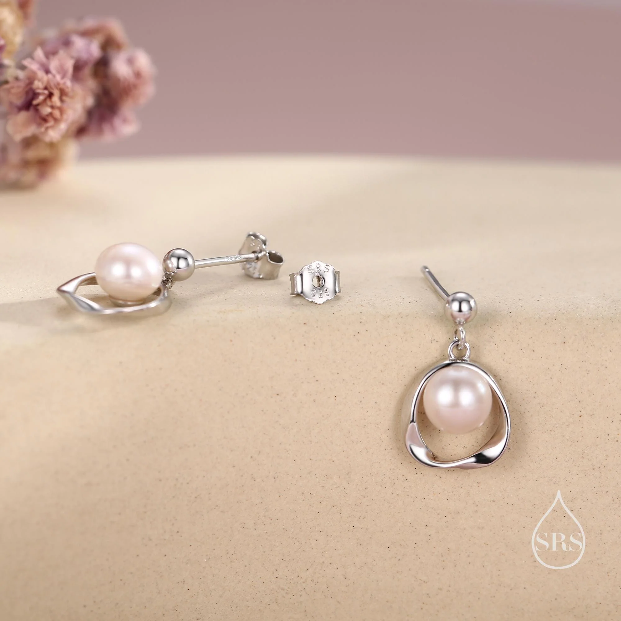 Genuine Freshwater Pearl and Mobius Circle Dangle Drop Earrings in Sterling Silver, Delicate Keshi Pearl Halo Earrings, Genuine Pearls - Image 8