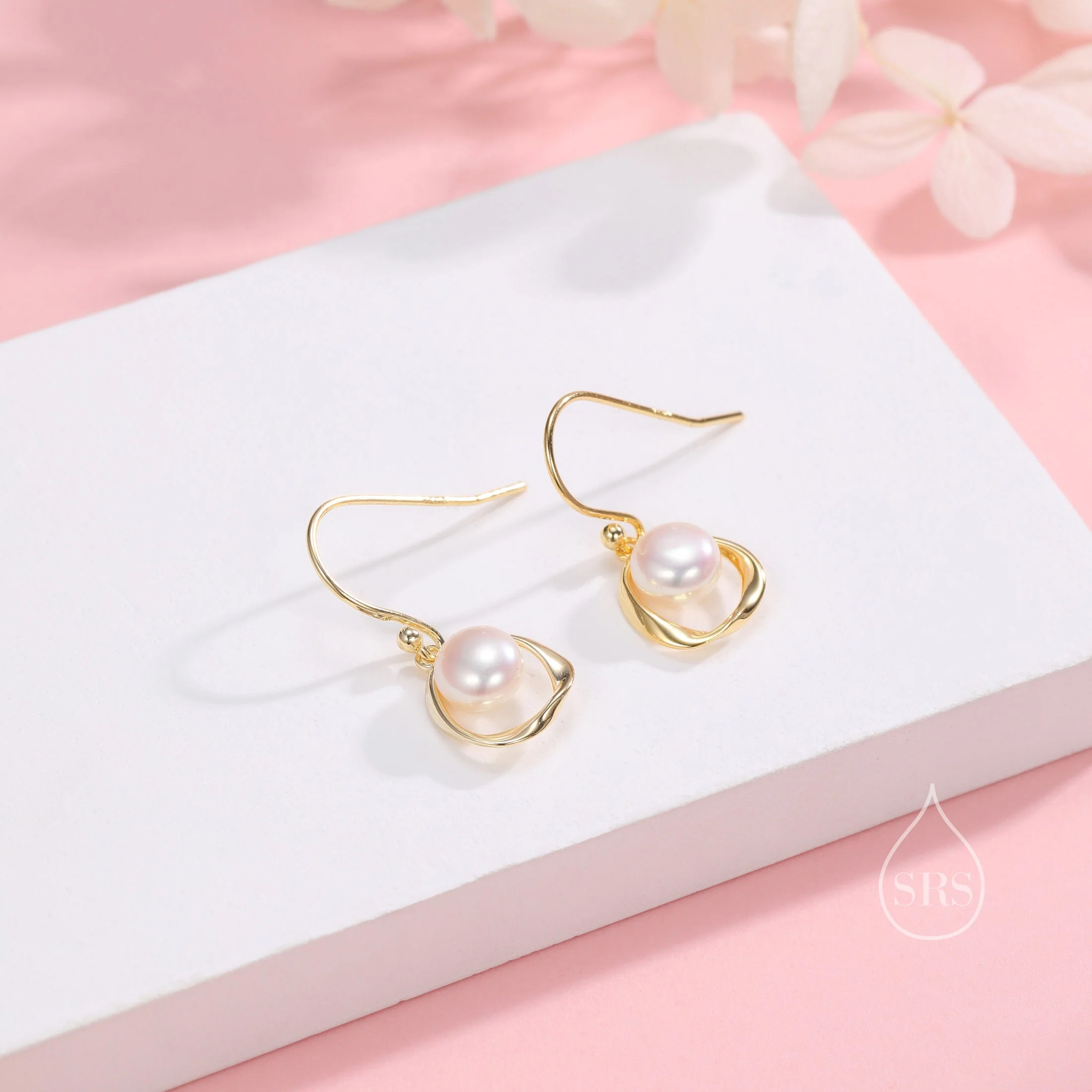 Genuine Freshwater Pearl and Mobius Circle Drop Hook Earrings in Sterling Silver, Delicate Keshi Pearl Halo Earrings, Genuine Pearls - Image 4