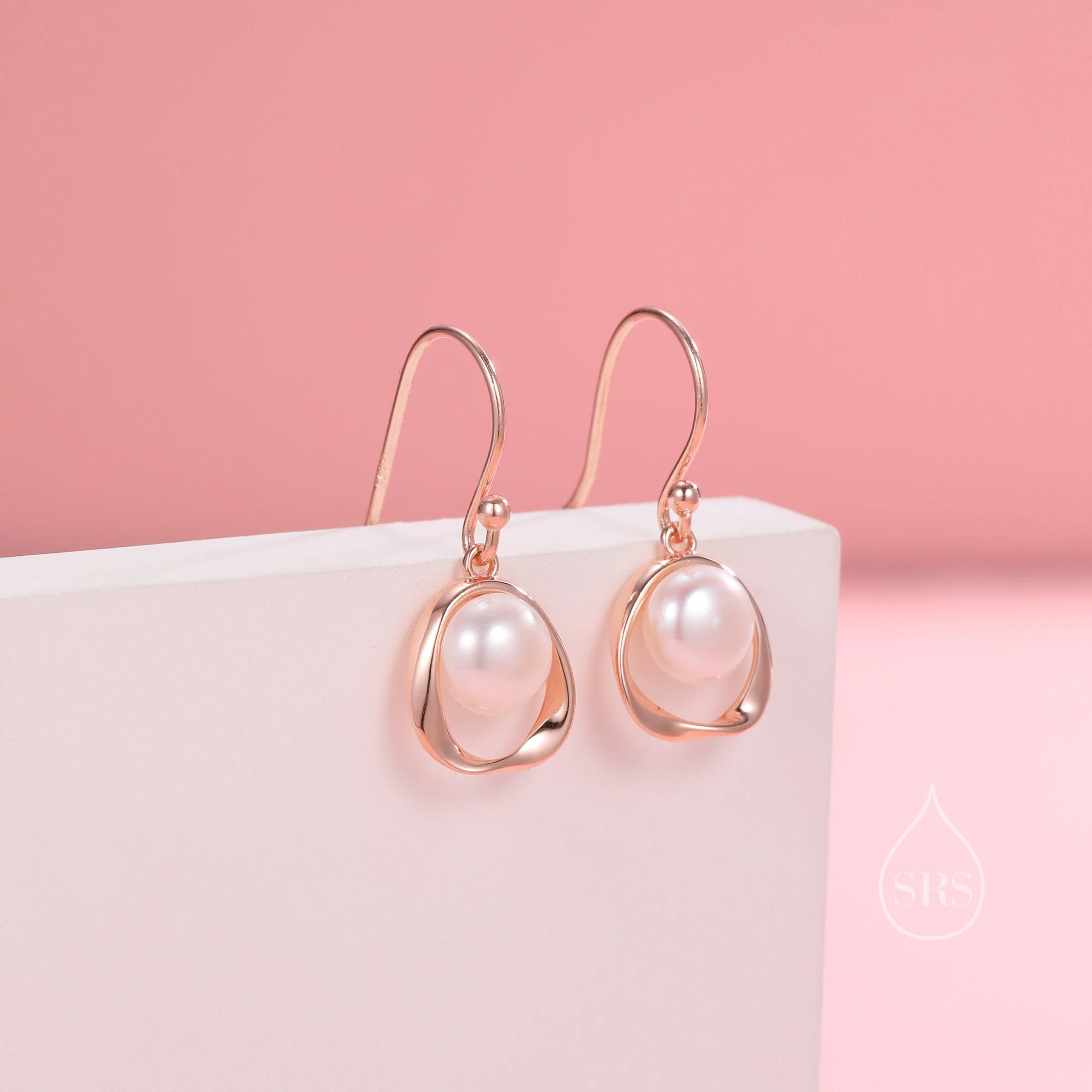 Genuine Freshwater Pearl and Mobius Circle Drop Hook Earrings in Sterling Silver, Delicate Keshi Pearl Halo Earrings, Genuine Pearls - Image 5