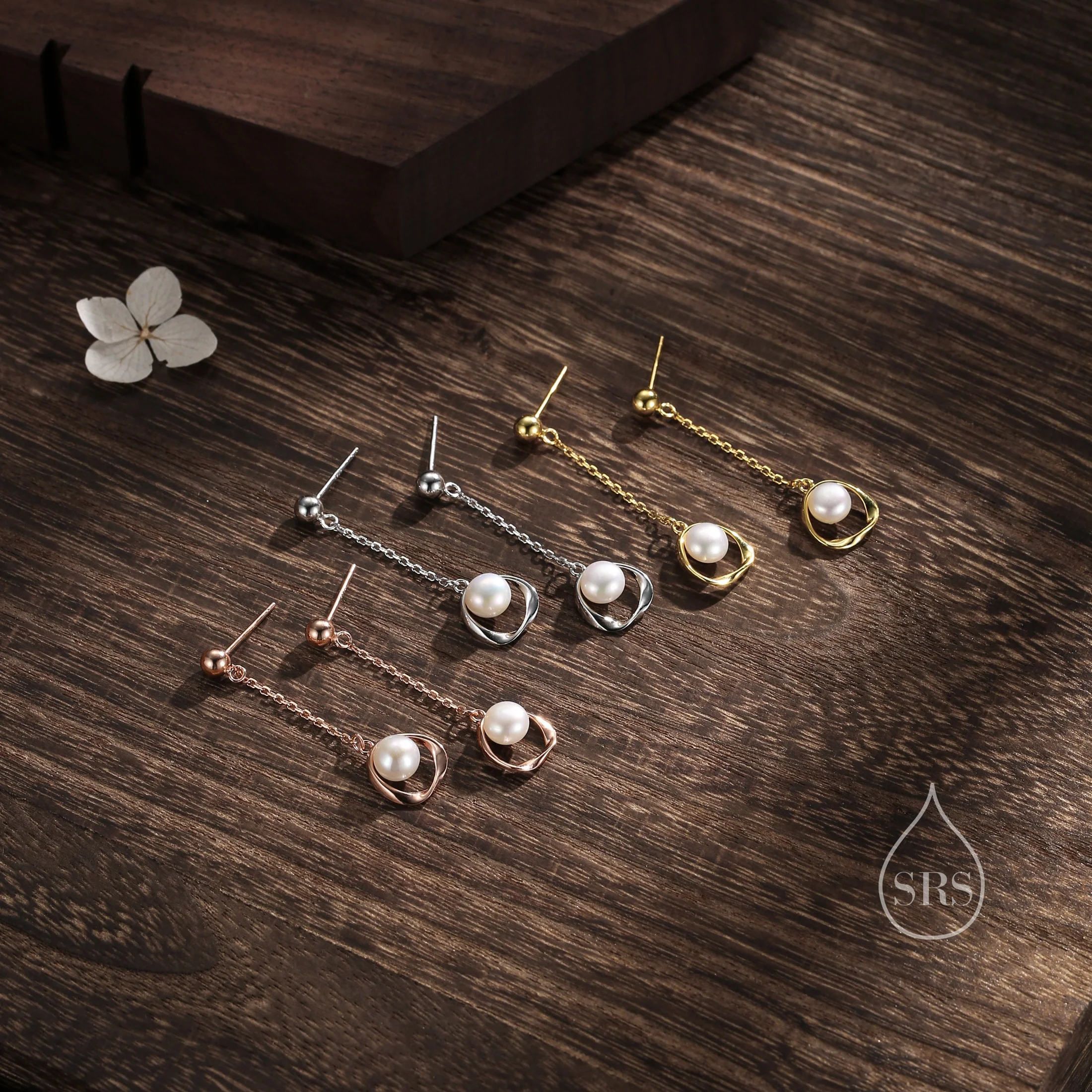 Genuine Freshwater Pearl and Mobius Circle Long Drop Earrings in Sterling Silver, Delicate Keshi Pearl Halo Earrings, Genuine Pearls - Image 5