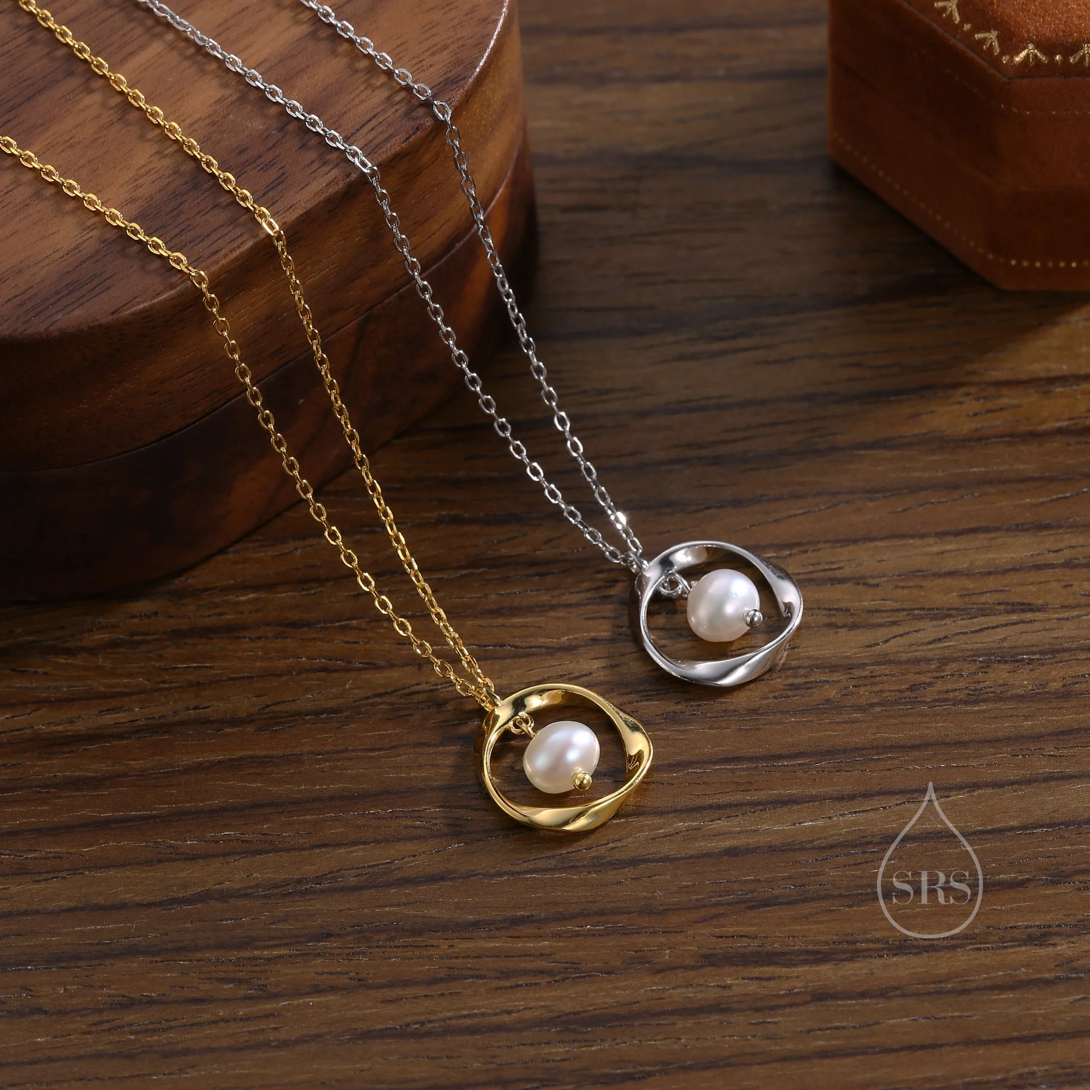Genuine Freshwater Pearl and Mobius Circle Pendant Necklace in Sterling Silver, Silver or Gold, Delicate Keshi Pearl Halo - Image 6