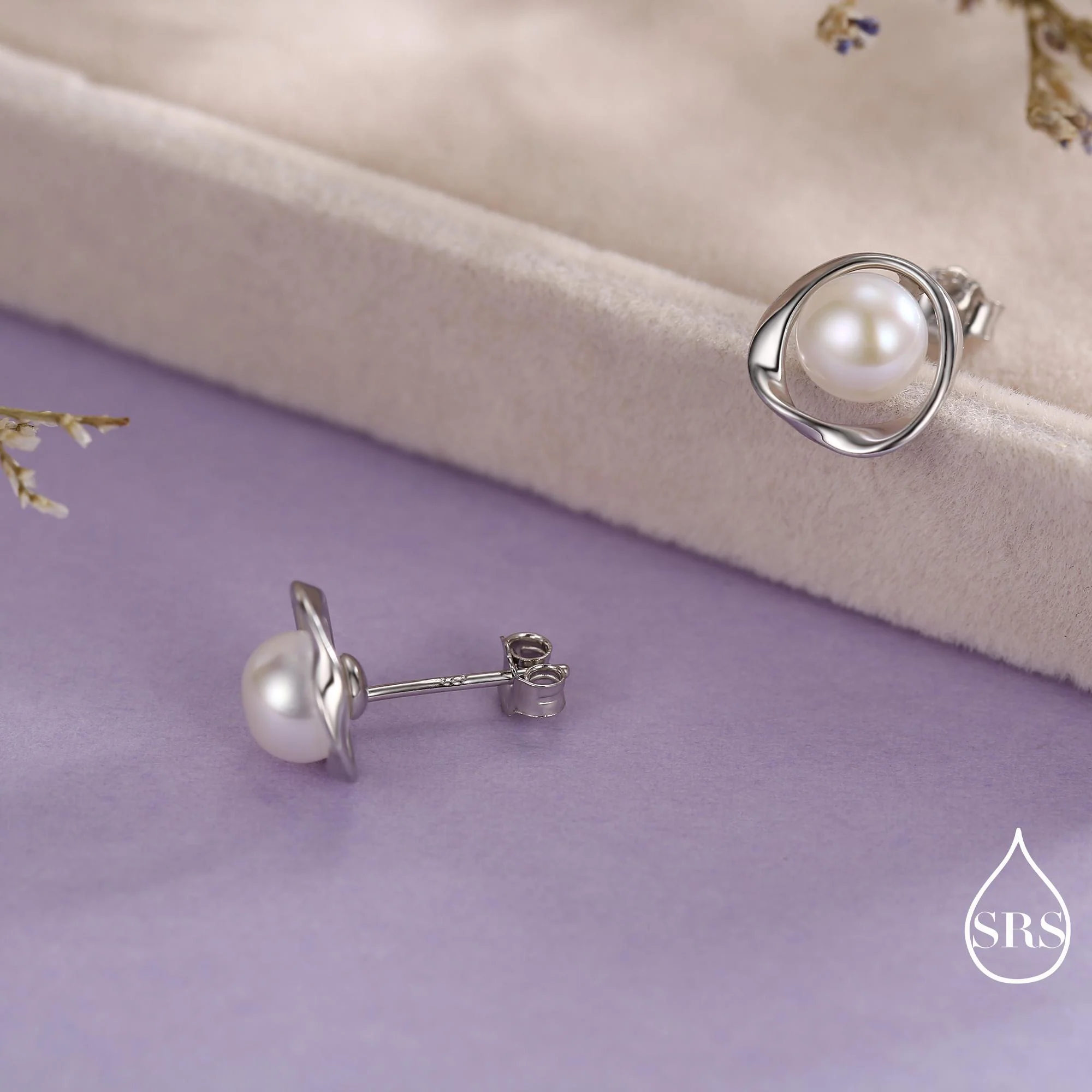 Genuine Freshwater Pearl and Mobius Circle Stud Earrings in Sterling Silver, Delicate Keshi Pearl Halo Earrings,  Genuine Freshwater Pearls - Image 4