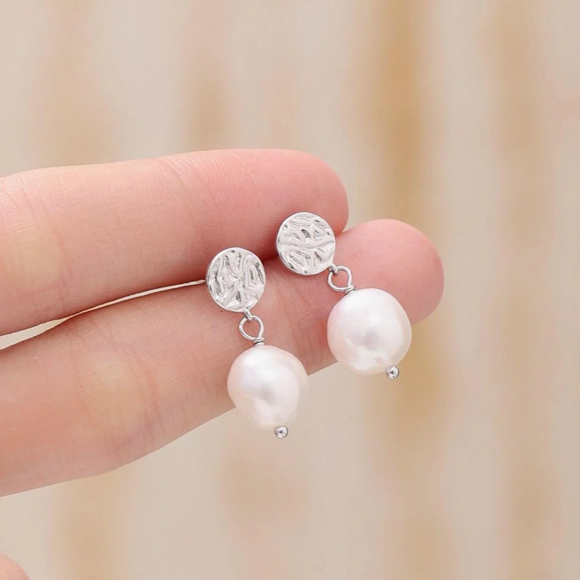 Genuine Freshwater Pearl and Textured Disks Drop Earrings in Sterling Silver, Silver or Gold, Delicate Keshi Pearl Earrings, Genuine Pearls - Image 3