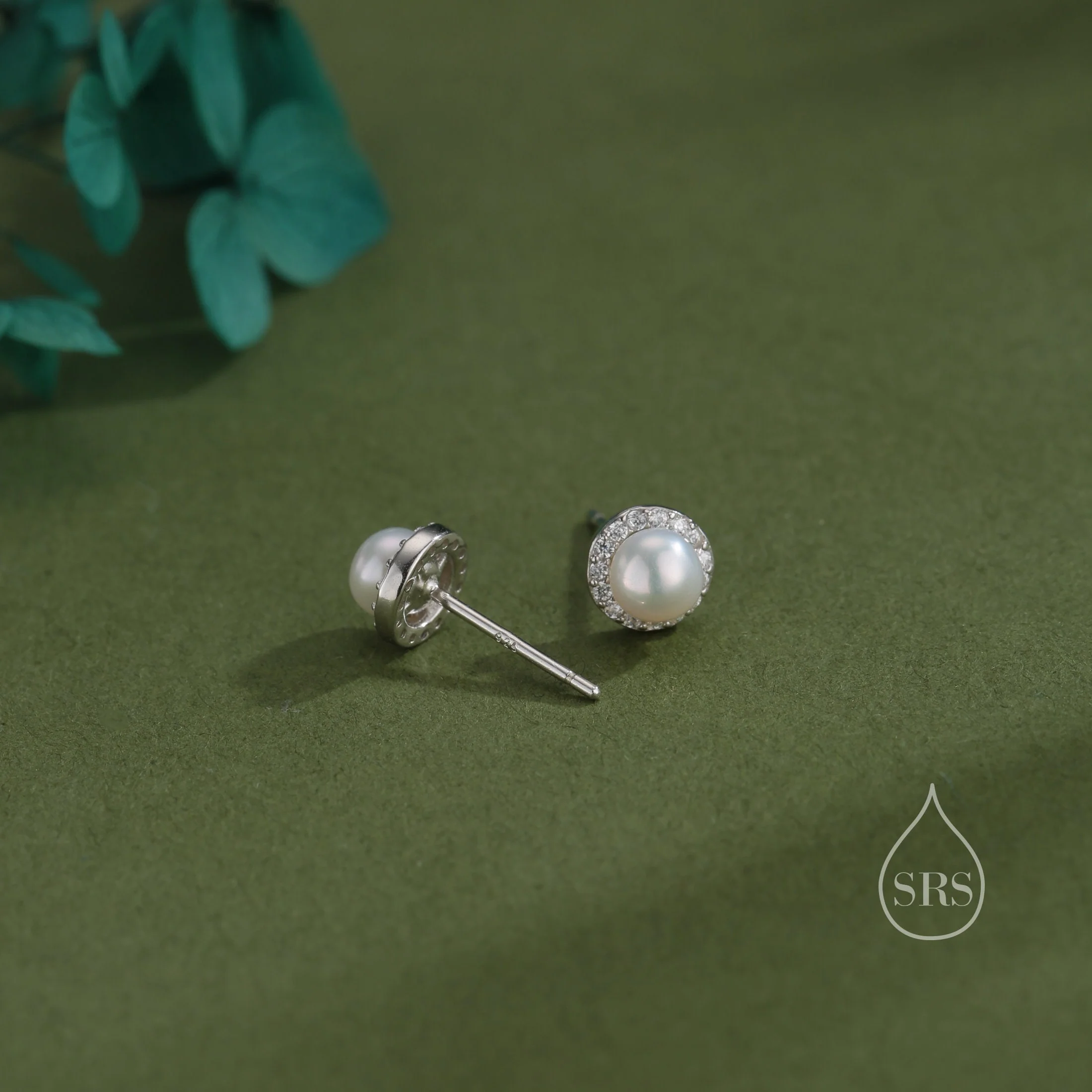 Genuine Freshwater Pearl CZ Stud Earrings in Sterling Silver, Delicate Keshi Pearl Halo CZ Earrings, Genuine Freshwater Pearls. - Image 5