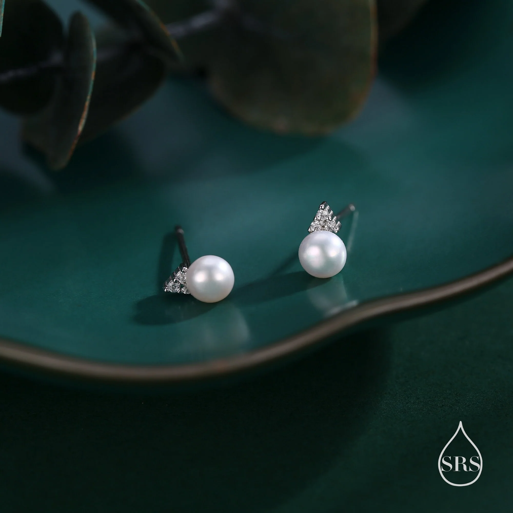 Genuine Freshwater Pearl CZ Trio Stud Earrings in Sterling Silver, Delicate Tiny Pearl and CZ Earrings, Trinity Pearl, Genuine Pearls. - Image 7