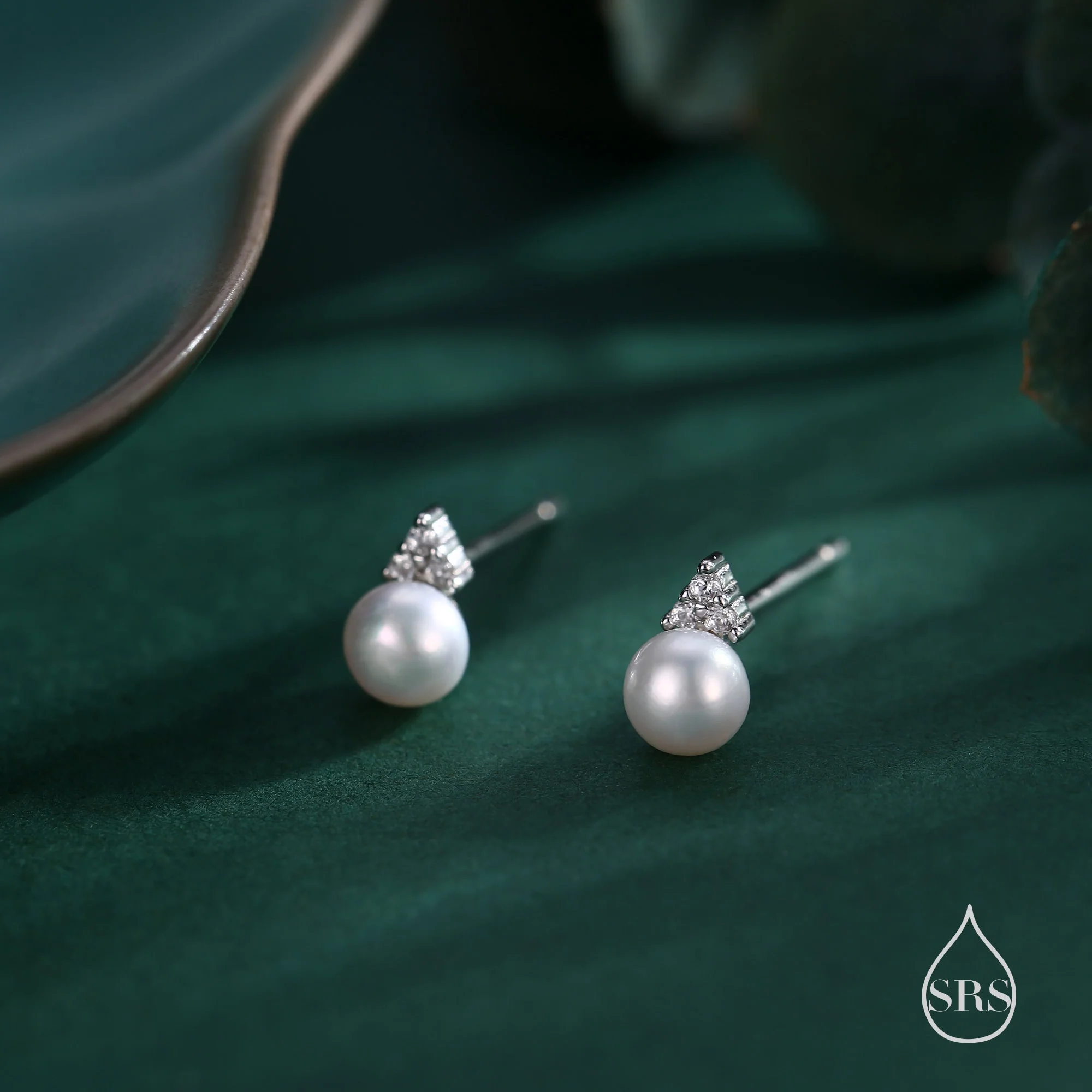 Genuine Freshwater Pearl CZ Trio Stud Earrings in Sterling Silver, Delicate Tiny Pearl and CZ Earrings, Trinity Pearl, Genuine Pearls. - Image 8