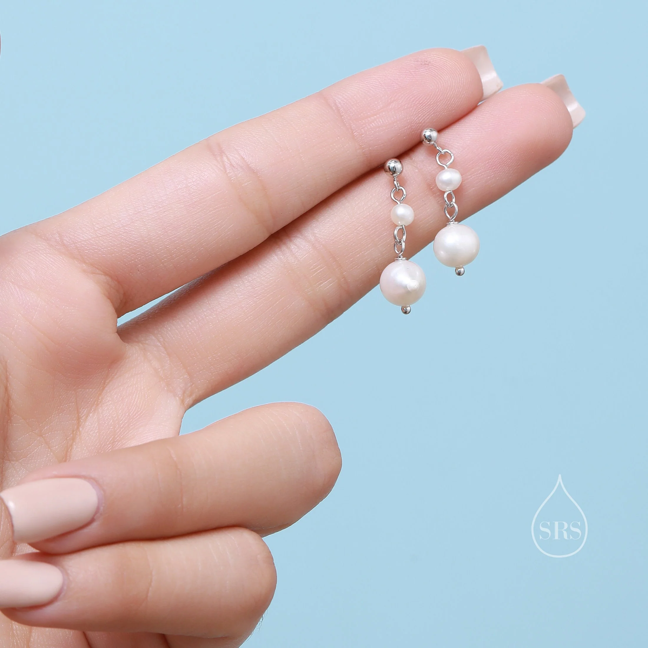 Genuine Freshwater Pearl Drop Earrings in Sterling Silver, Delicate Keshi Pearl Earrings, Double Pearl Stud Dangle Earrings - Image 2