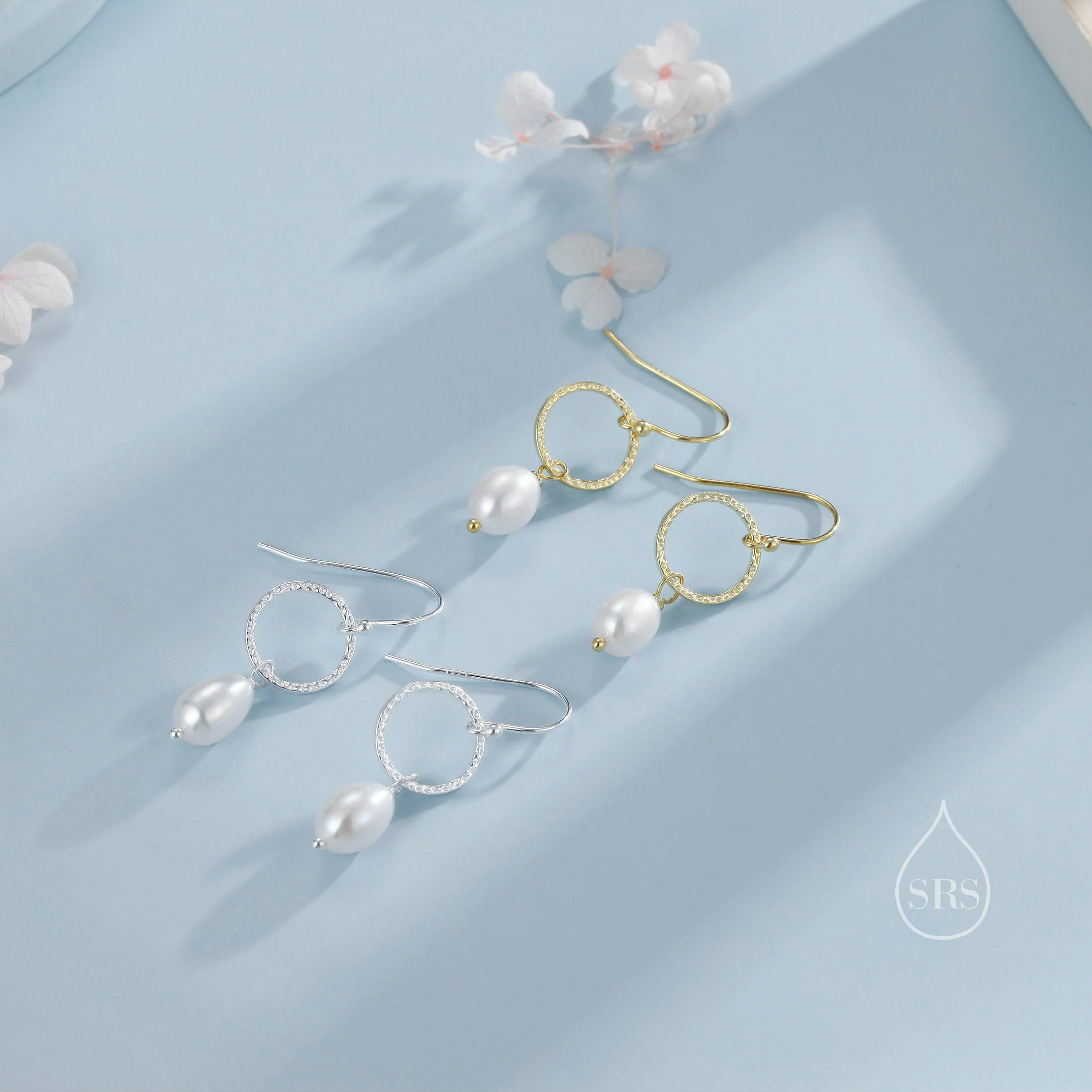 Genuine Freshwater Pearl Drop Hook Earrings with Circle in Sterling Silver, Delicate Keshi Pearl Earrings, Baroque Pearl Dangle Earrings - Image 3