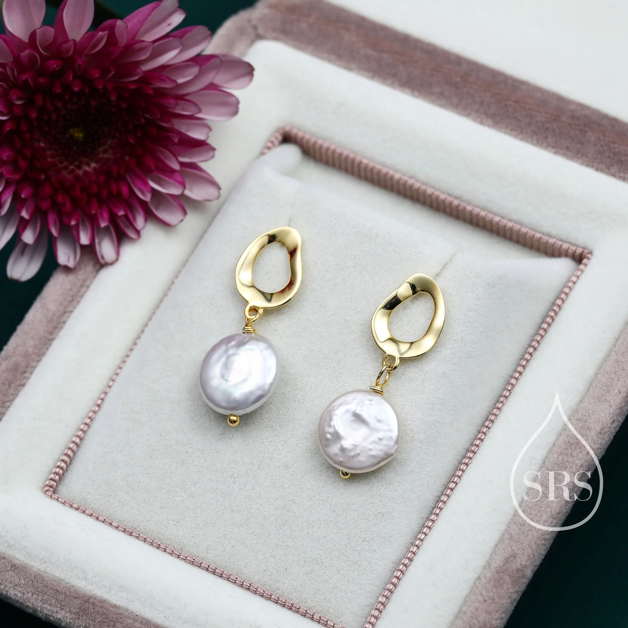 Genuine Freshwater Pearl Drop Stud Earrings, Baroque Pearl, Keshi Pearl, Coin, Sterling silver with 18ct Gold Plating, Contemporary Design - Image 2