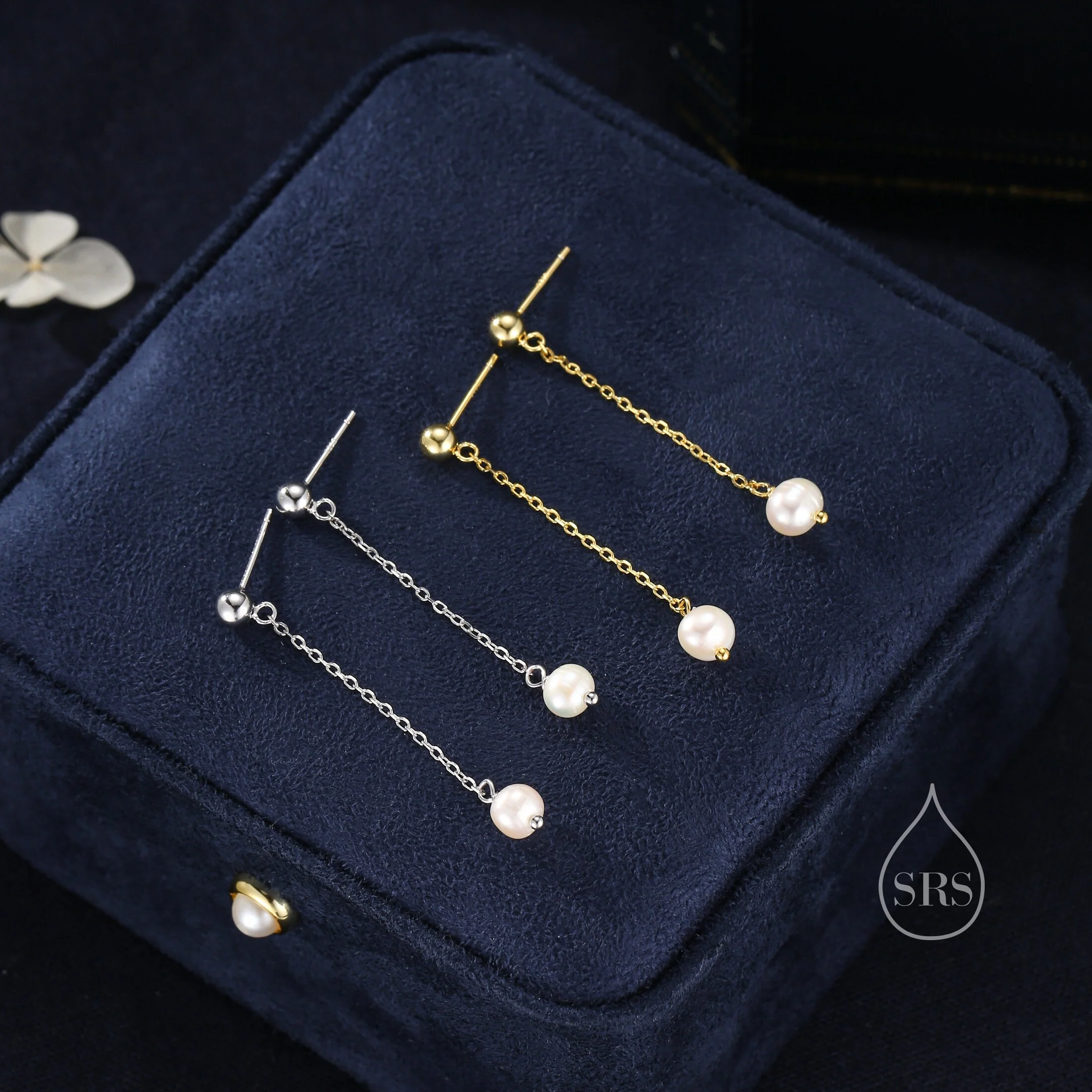Genuine Freshwater Pearl Long Drop Earrings in Sterling Silver, Delicate Near Round Keshi Pearl Earrings, Pearl Stud Dangle Earrings - Image 6