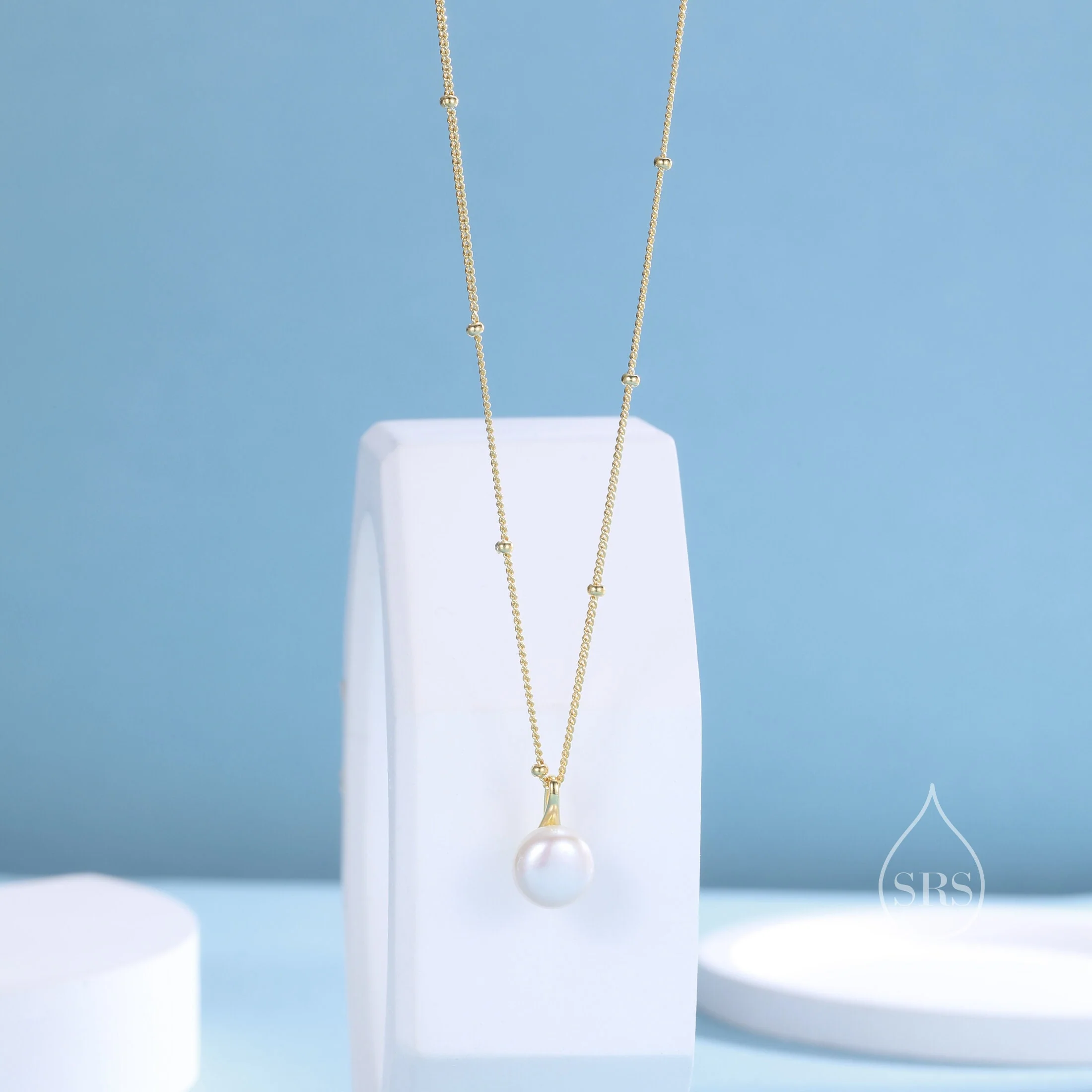 Genuine Freshwater Pearl Pendant Necklace in Sterling Silver, Silver or Gold or Rose Gold, Delicate Button Pearl Necklace Satellite Chain - Image 4