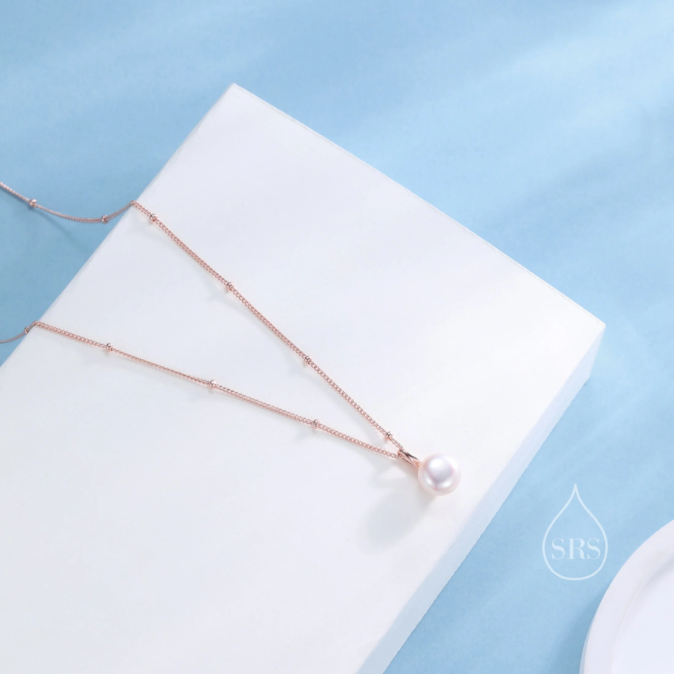 Genuine Freshwater Pearl Pendant Necklace in Sterling Silver, Silver or Gold or Rose Gold, Delicate Button Pearl Necklace Satellite Chain - Image 5