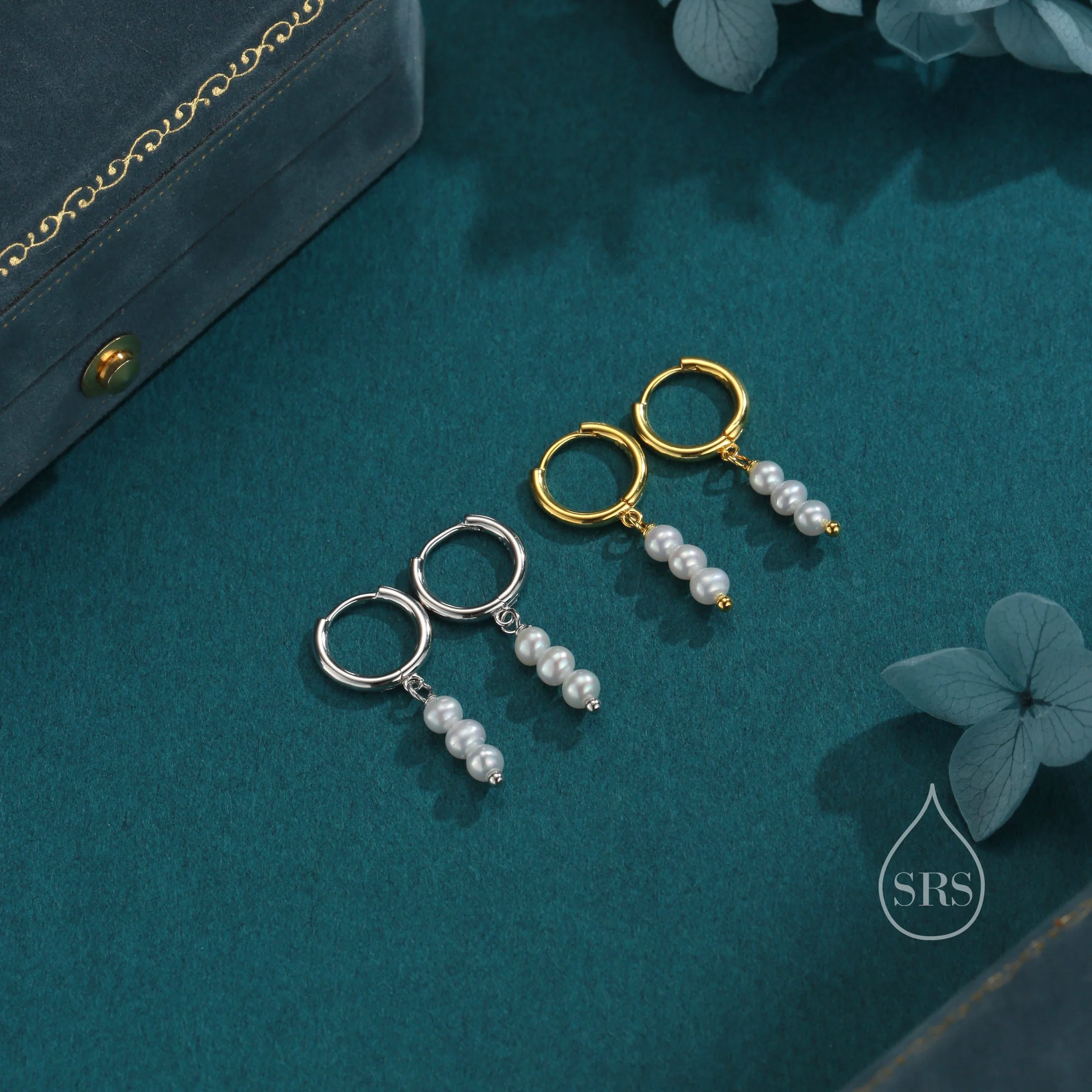 Genuine Freshwater Pearl Trio Huggie Hoop Earrings in Sterling Silver, Silver or Gold, Dainty Three Pearl Cluster Dangle Earrings - Image 5