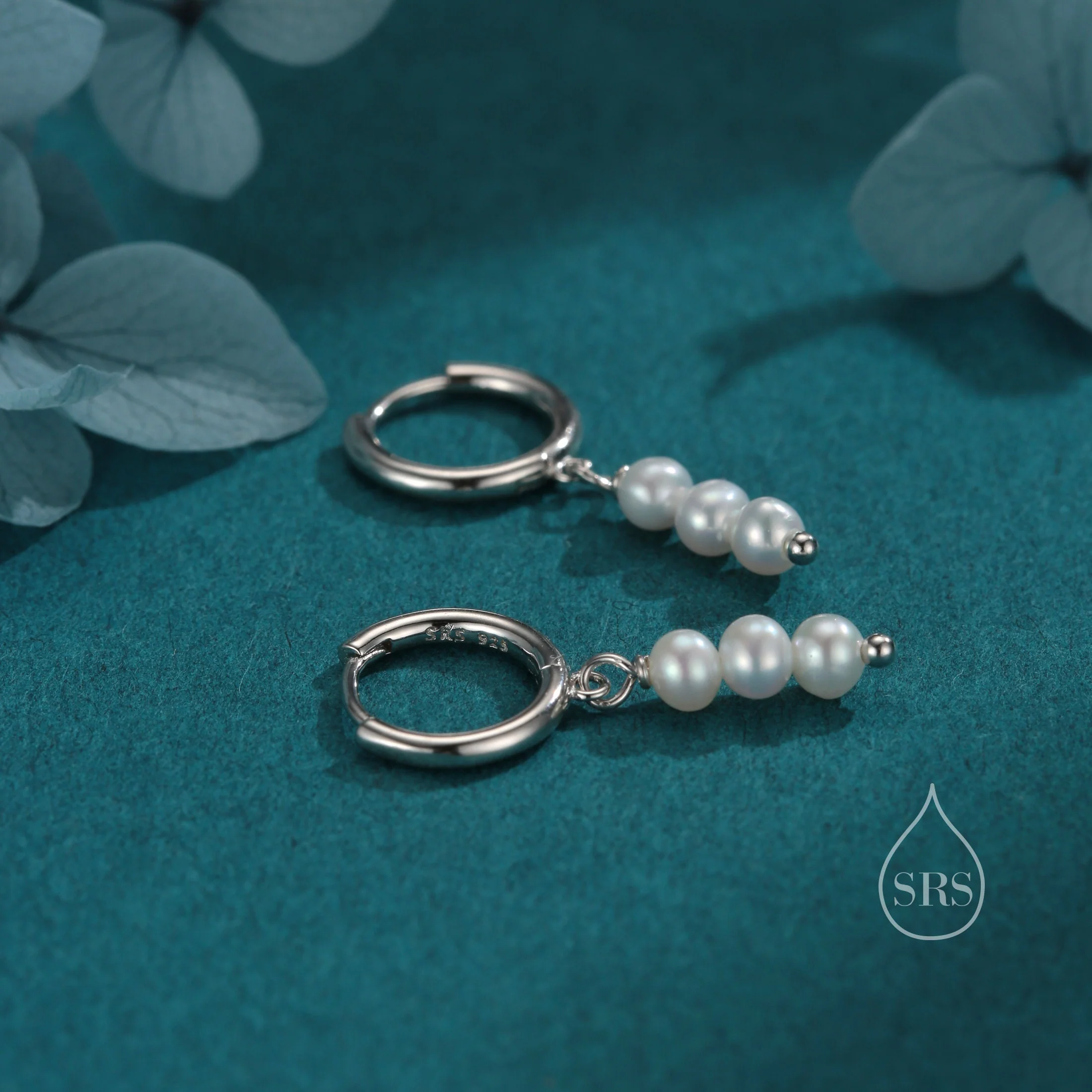 Genuine Freshwater Pearl Trio Huggie Hoop Earrings in Sterling Silver, Silver or Gold, Dainty Three Pearl Cluster Dangle Earrings - Image 6