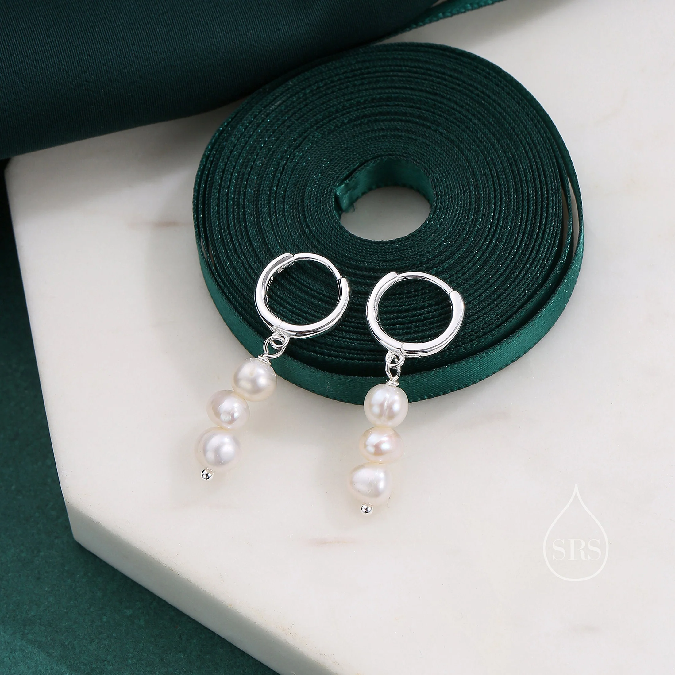 Genuine Freshwater Pearl Trio Huggie Hoop Earrings in Sterling Silver, Silver or Gold, Pearl Cluster Dangle Earrings, Three Pearl Hoops - Image 4