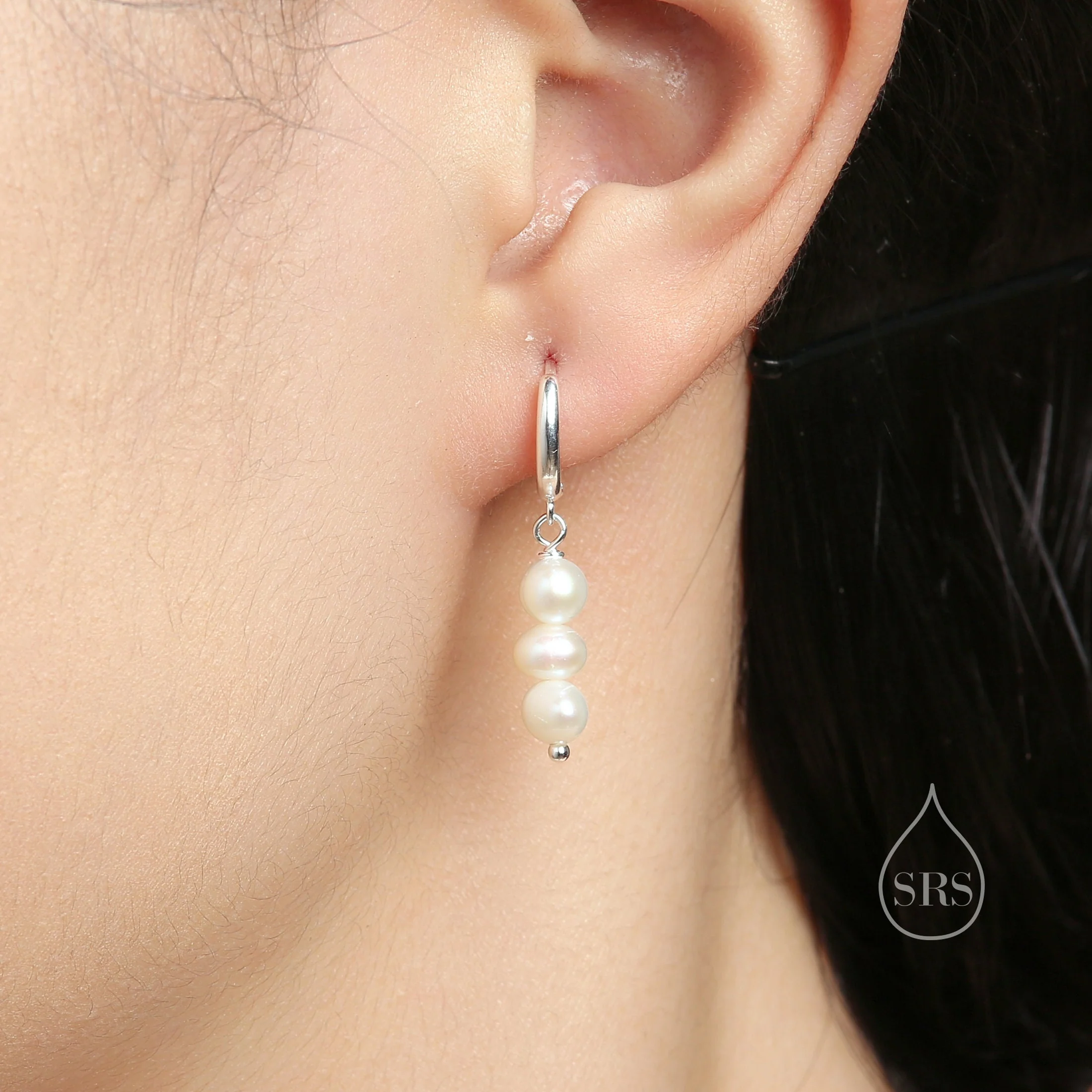 Genuine Freshwater Pearl Trio Huggie Hoop Earrings in Sterling Silver, Silver or Gold, Pearl Cluster Dangle Earrings, Three Pearl Hoops - Image 5