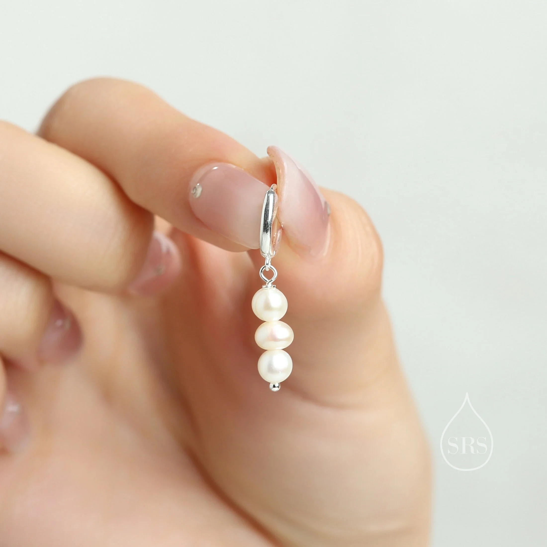 Genuine Freshwater Pearl Trio Huggie Hoop Earrings in Sterling Silver, Silver or Gold, Pearl Cluster Dangle Earrings, Three Pearl Hoops - Image 6
