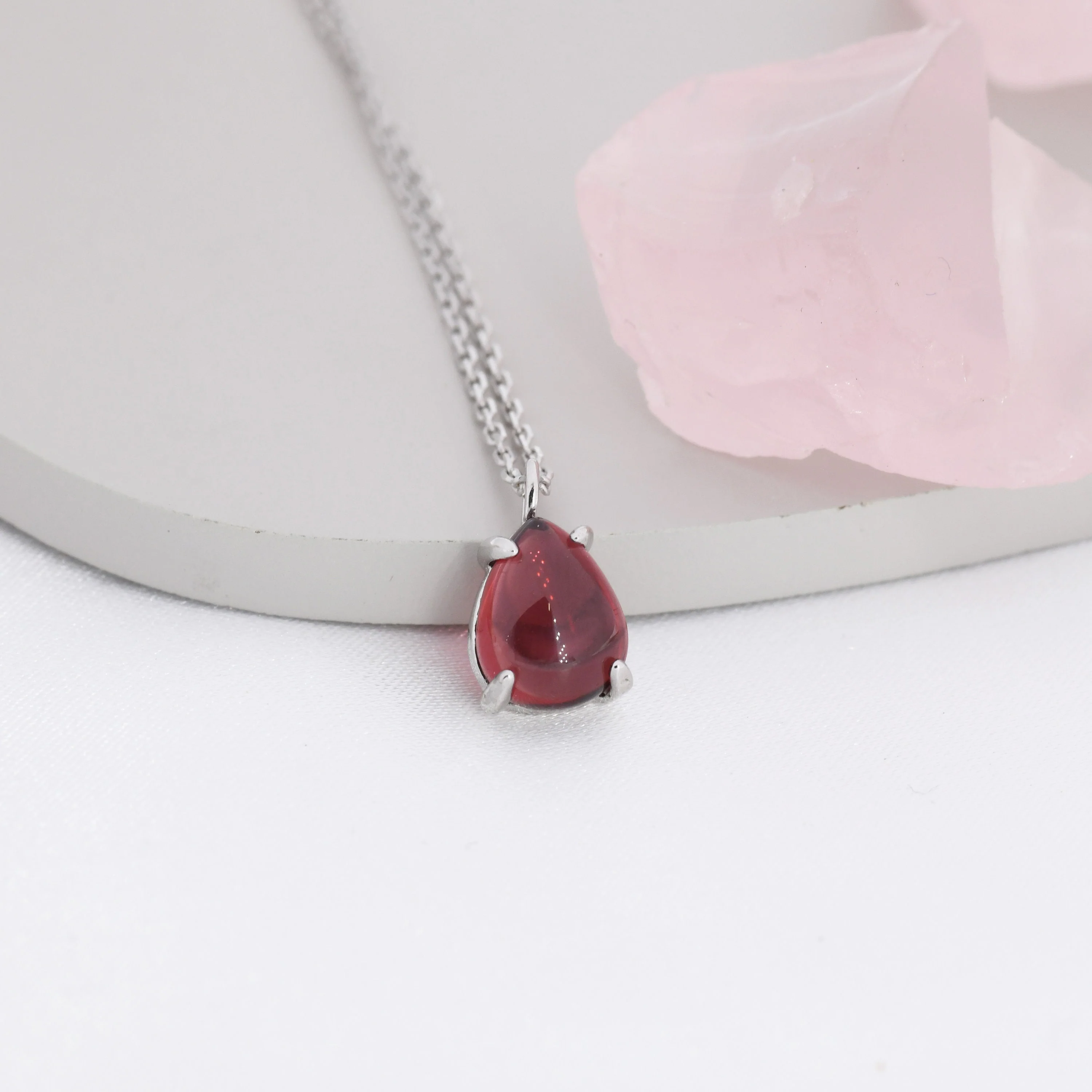 Genuine Garnet Crystal Pear Necklace in Sterling Silver, Droplet Cabochon Natural Garnet Stone Necklace, January Birthstone - Image 6