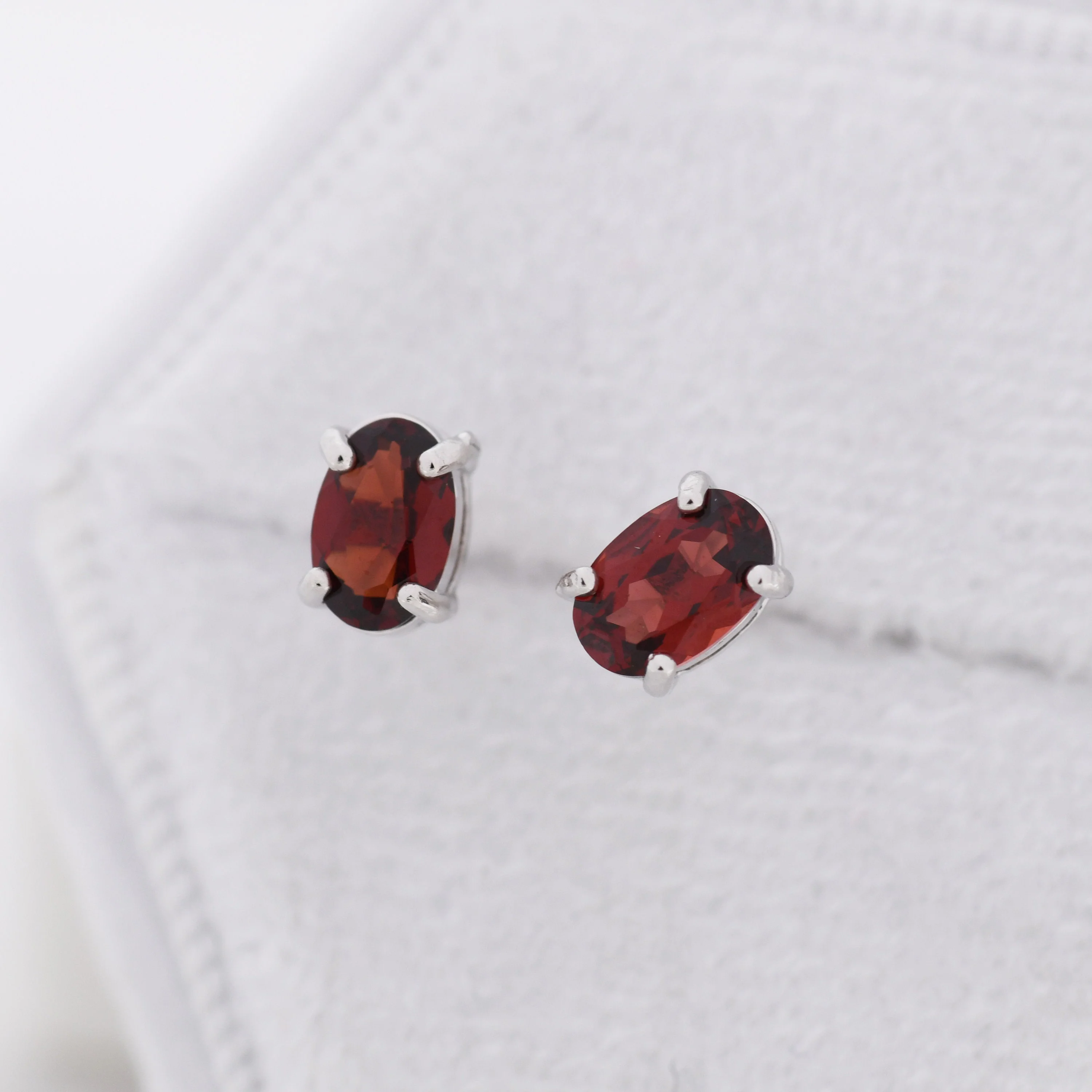 Genuine Garnet Crystal Stud Earrings in Sterling Silver, Natural Red Garnet Oval Earrings, January Birthstone - Image 5