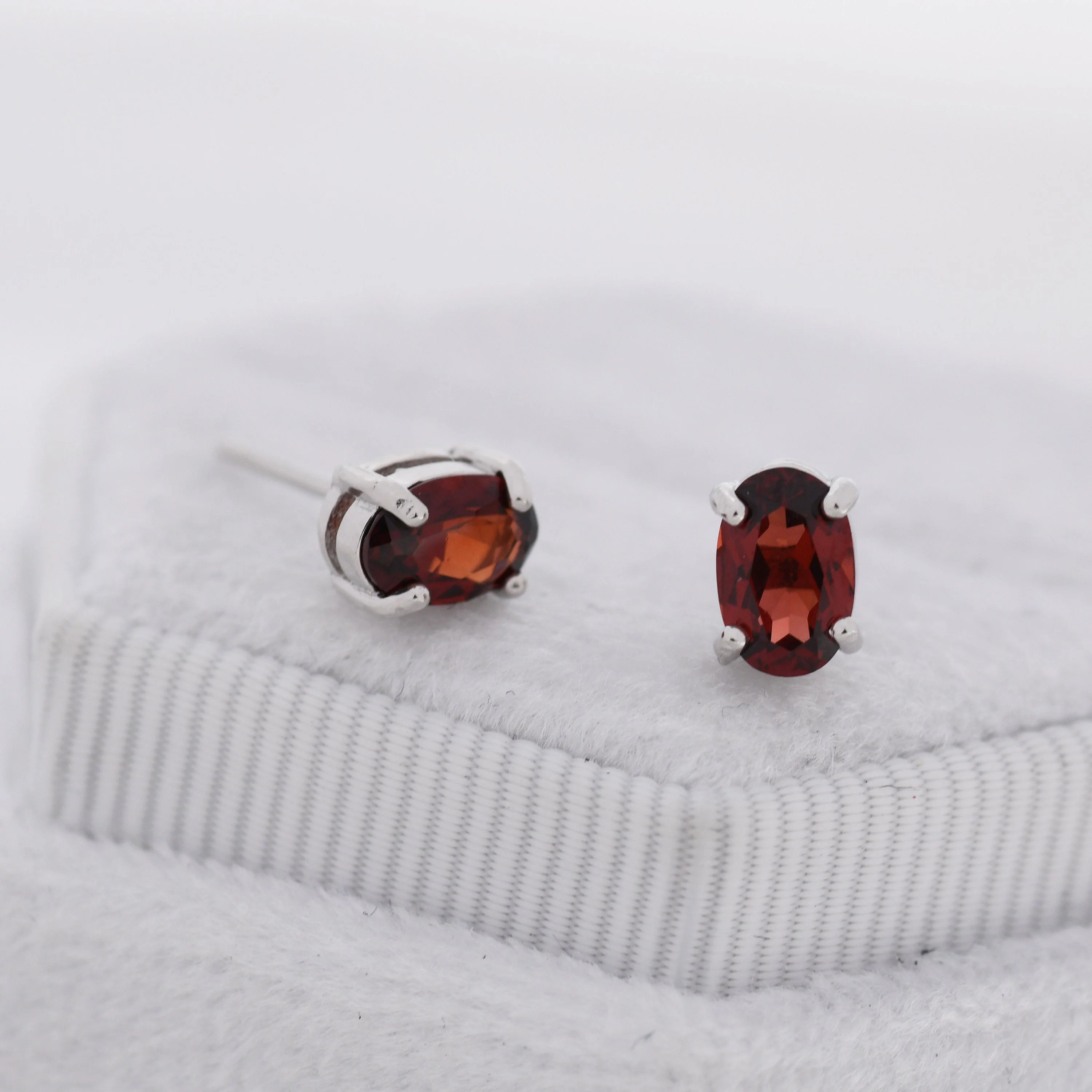 Genuine Garnet Crystal Stud Earrings in Sterling Silver, Natural Red Garnet Oval Earrings, January Birthstone - Image 7