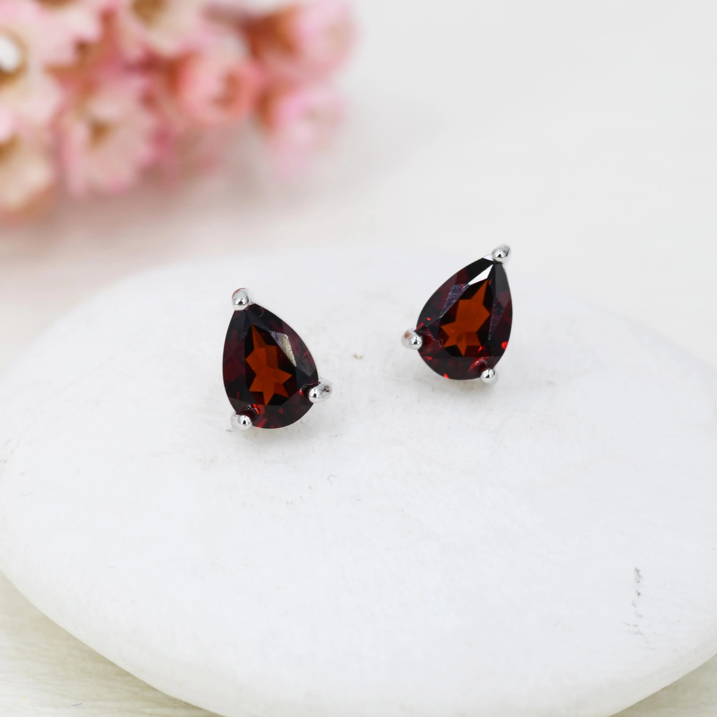 Genuine Garnet Droplet Stud Earrings in Sterling Silver, 5x7mm Garnet Crystal Earrings, Natural Red Garnet Pear Earrings - Image 4