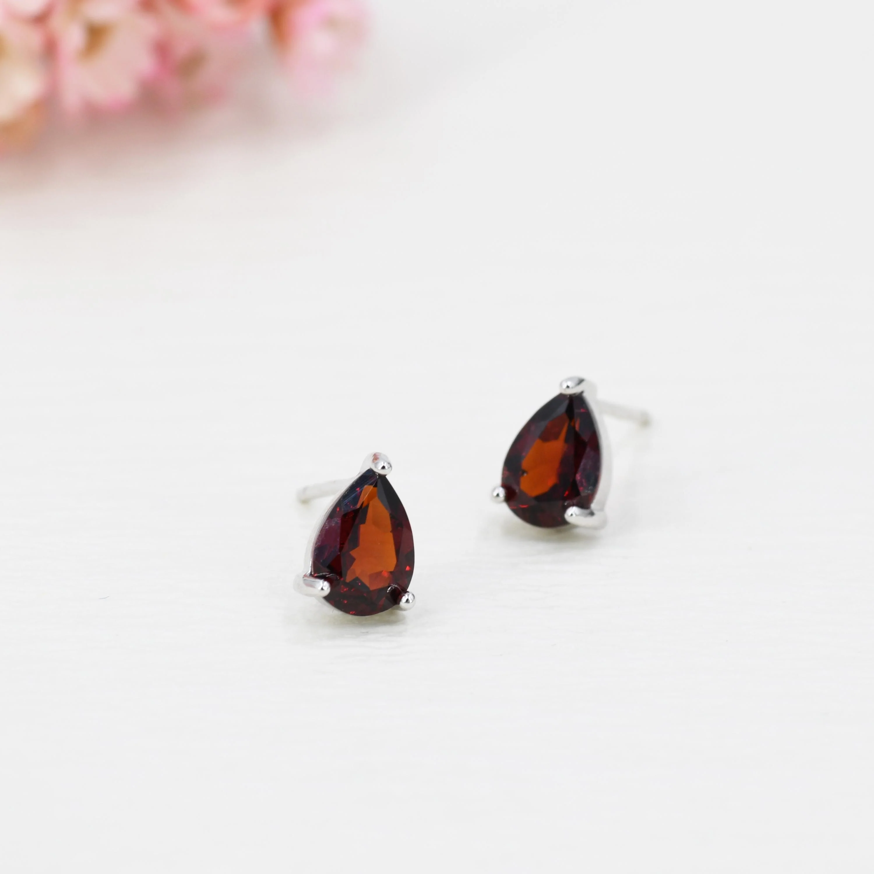 Genuine Garnet Droplet Stud Earrings in Sterling Silver, 5x7mm Garnet Crystal Earrings, Natural Red Garnet Pear Earrings - Image 5