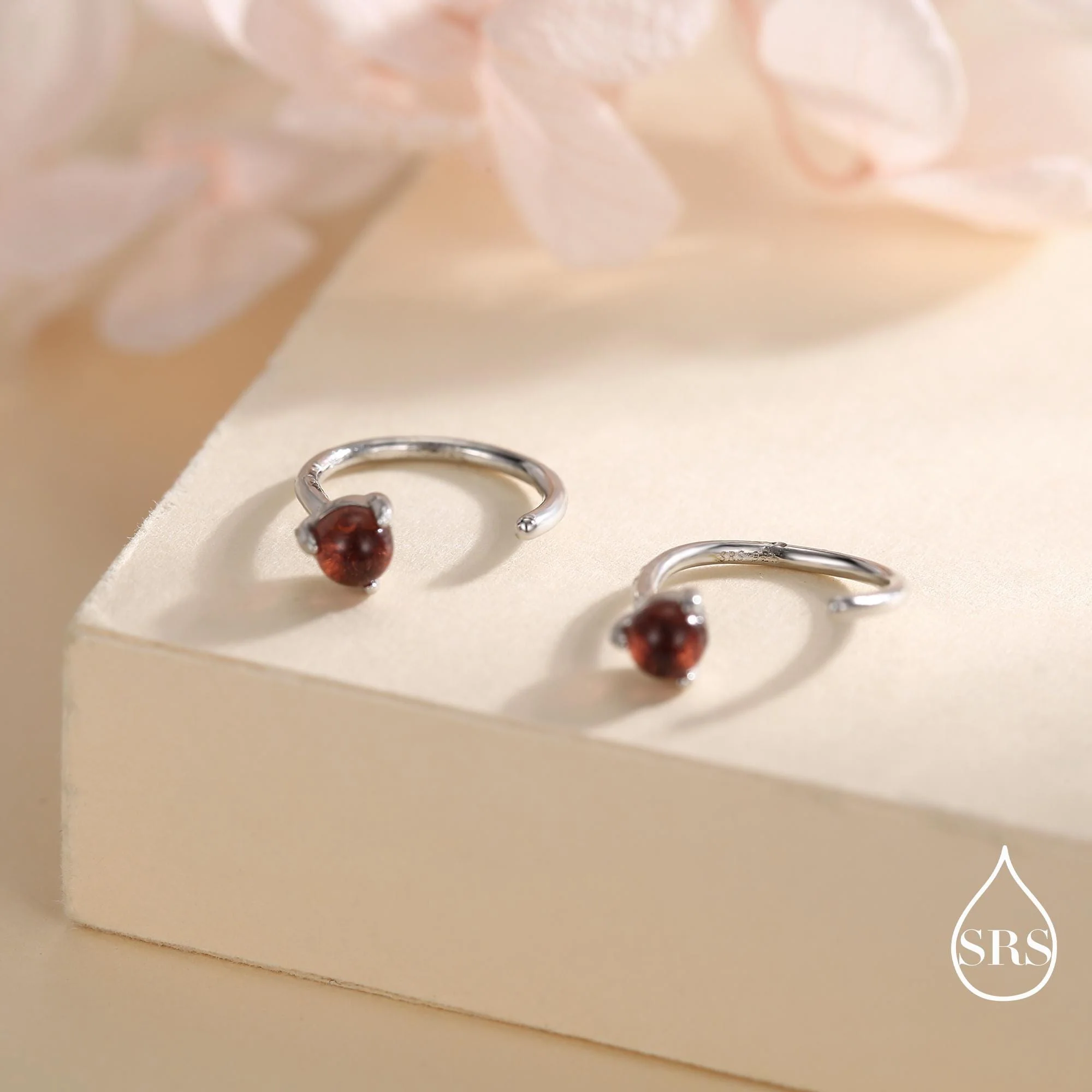 Genuine Garnet Huggie Hoop Earrings in Sterling Silver, 3mm Natural Garnet Open Hoops, Pull Through Threaders, Half Hoops, C Shape Hoops - Image 2