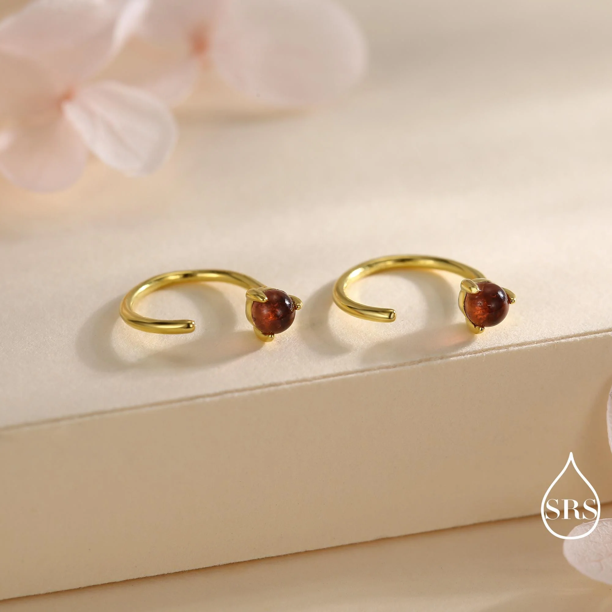 Genuine Garnet Huggie Hoop Earrings in Sterling Silver, 3mm Natural Garnet Open Hoops, Pull Through Threaders, Half Hoops, C Shape Hoops - Image 3