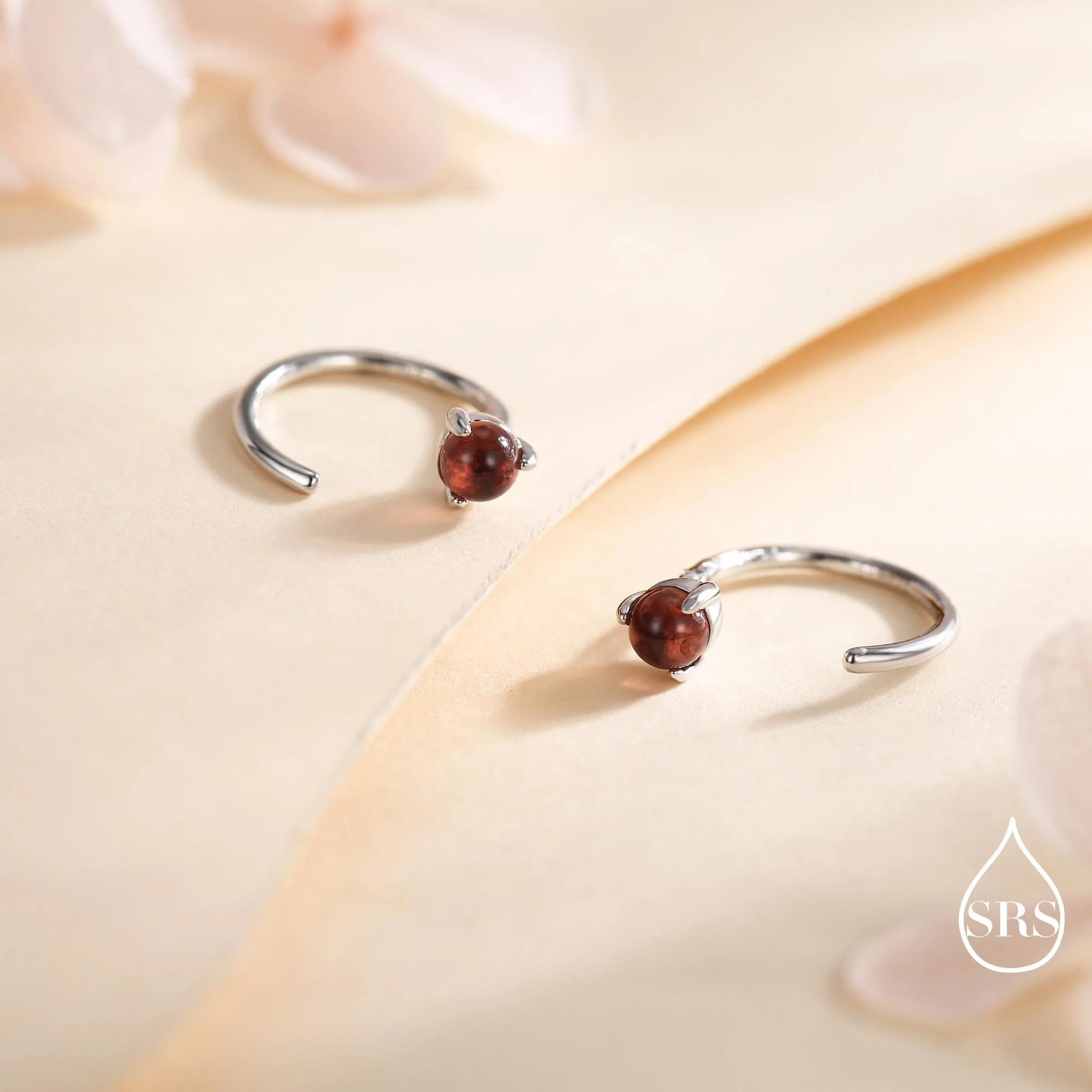Genuine Garnet Huggie Hoop Earrings in Sterling Silver, 3mm Natural Garnet Open Hoops, Pull Through Threaders, Half Hoops, C Shape Hoops - Image 5