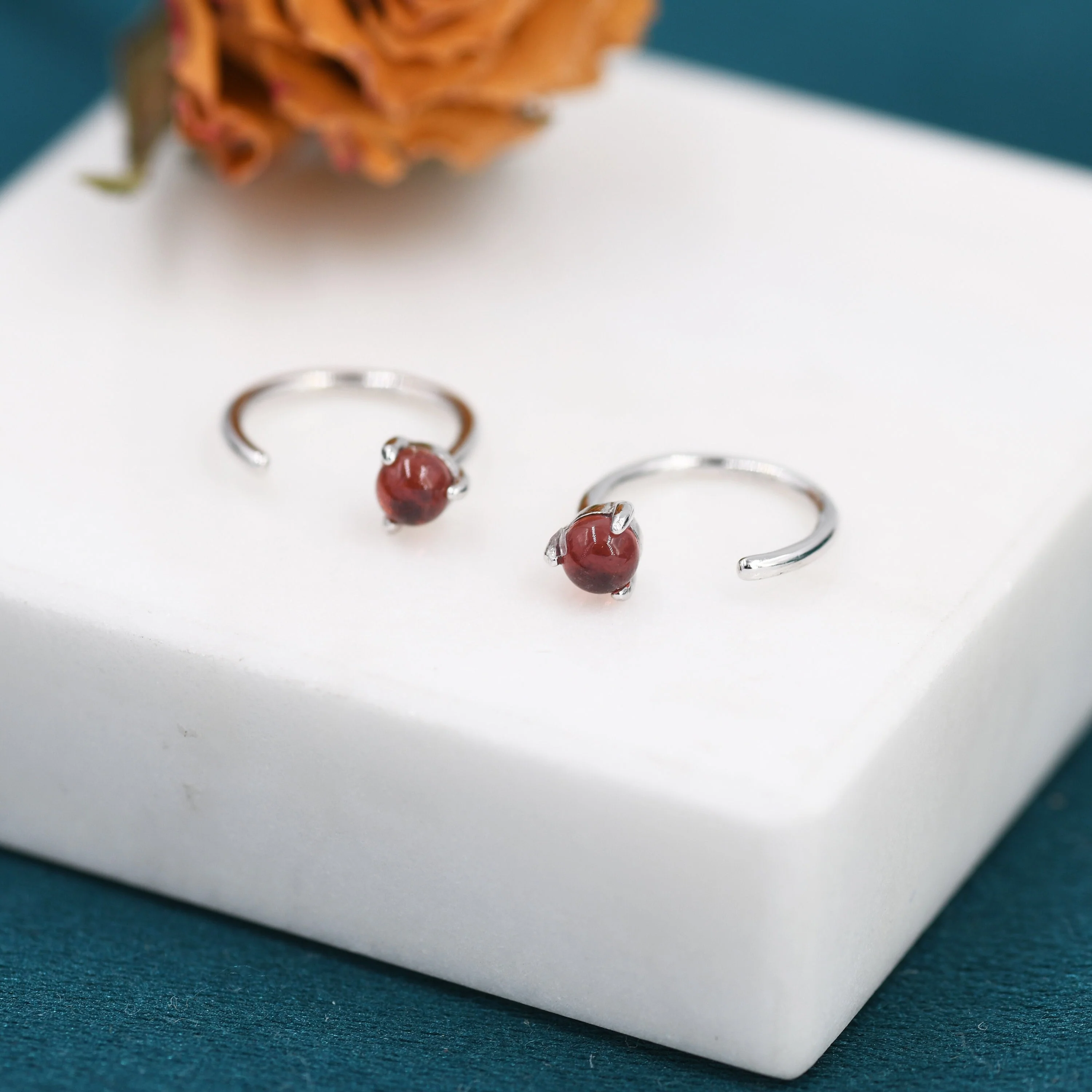 Genuine Garnet Huggie Hoop Earrings in Sterling Silver, 3mm Natural Garnet Open Hoops, Pull Through Threaders, Half Hoops, C Shape Hoops - Image 8