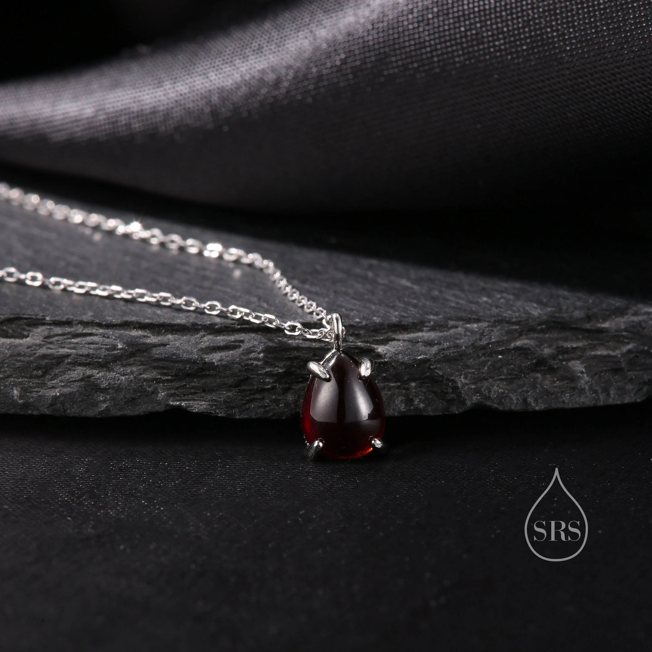 Genuine Garnet Pear Necklace in Sterling Silver, Droplet Cabochon Natural Garnet Pendant Necklace - Image 5