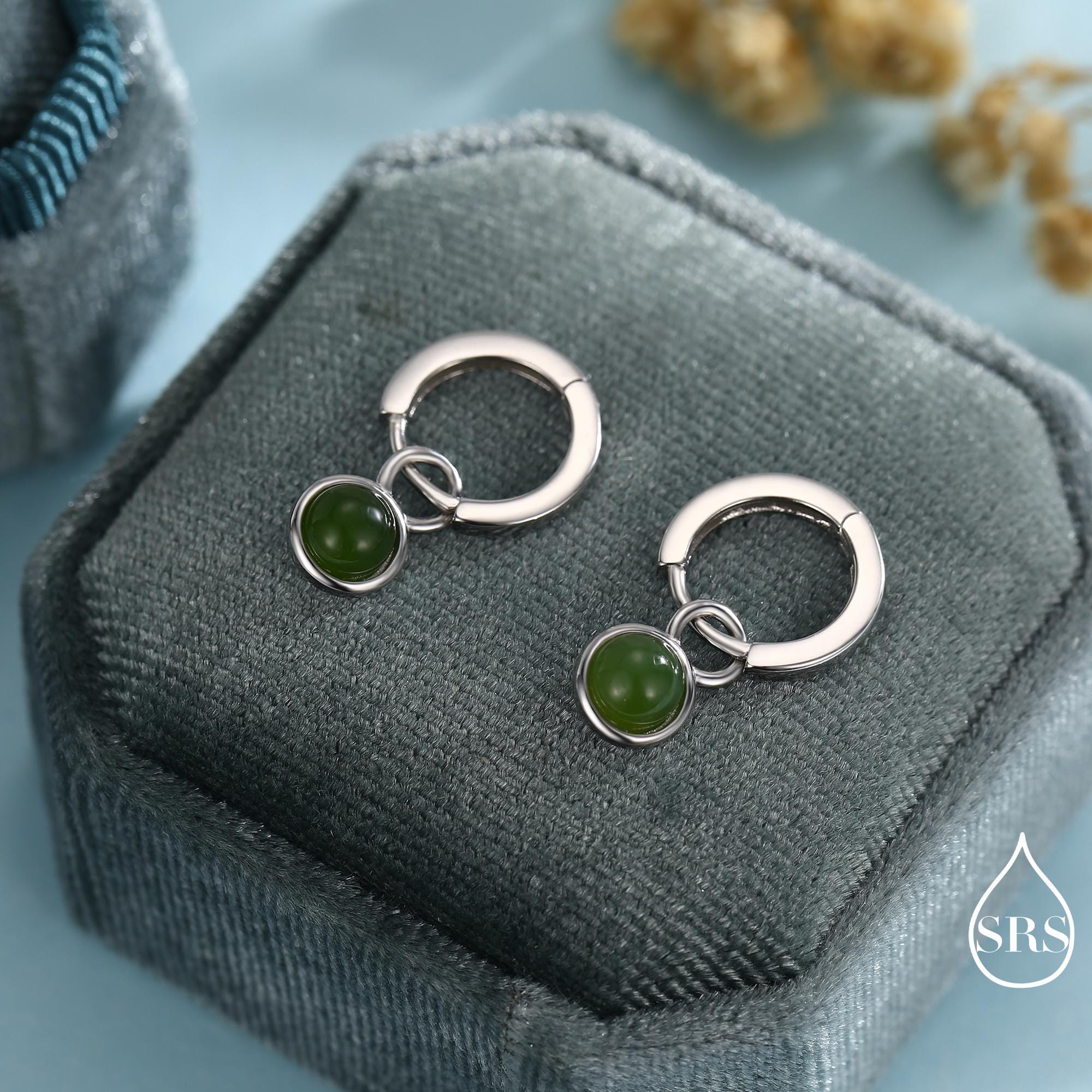 Genuine Gemstone Cabochon Hoop Earrings in Sterling Silver, Detachable Natural Stone Coin Dangle Hoop Earrings, Interchangeable - Image 4