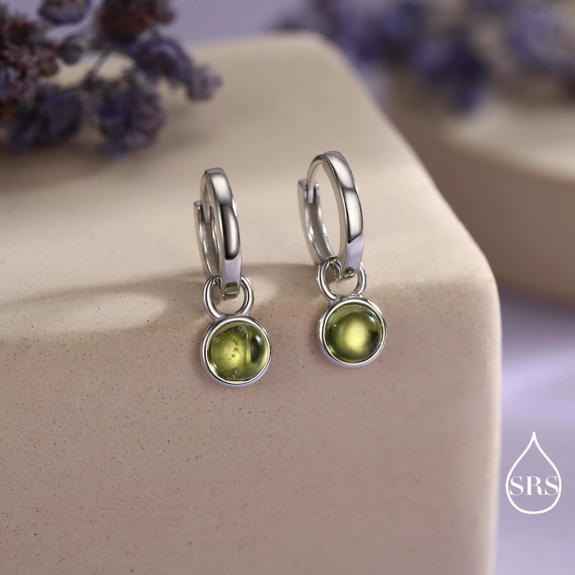 Genuine Gemstone Cabochon Hoop Earrings in Sterling Silver, Detachable Natural Stone Coin Dangle Hoop Earrings, Interchangeable - Image 5