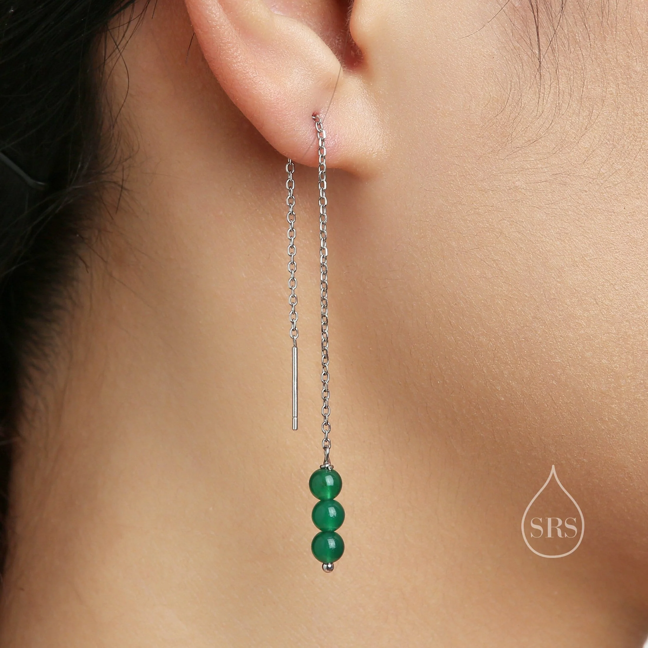 Genuine Green Chalcedony Threaders in Sterling Silver, Three Beads Threader Earrings, Ear Jacket, Green Chalcedony Earrings - Image 7