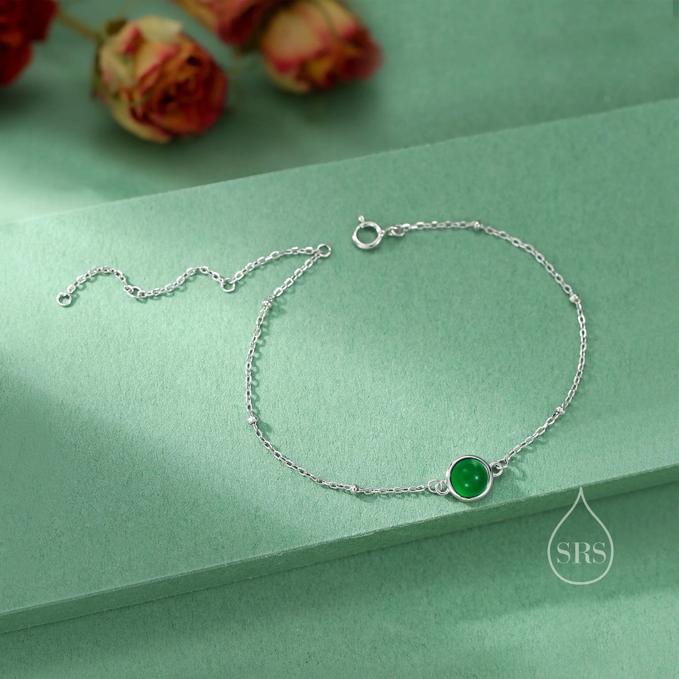 Genuine Green Onyx Bracelet in Sterling Silver, Natural Green Onyx Bracelet, Silver Single Green Onyx Bracelet with Satellite Chain - Image 3