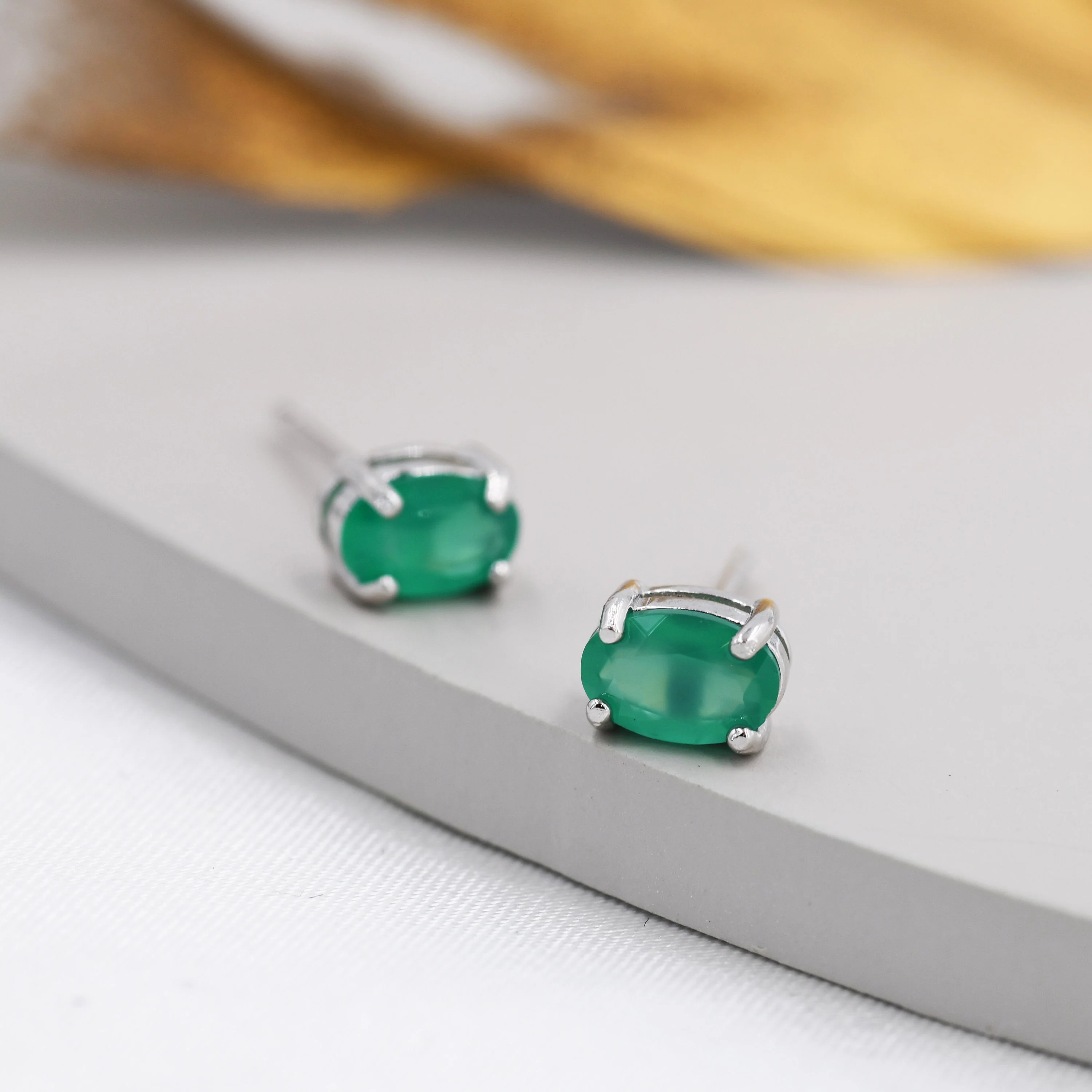 Genuine Green Onyx Crystal Stud Earrings in Sterling Silver, Natural Green Onyx Oval Stud Earrings, - Image 2