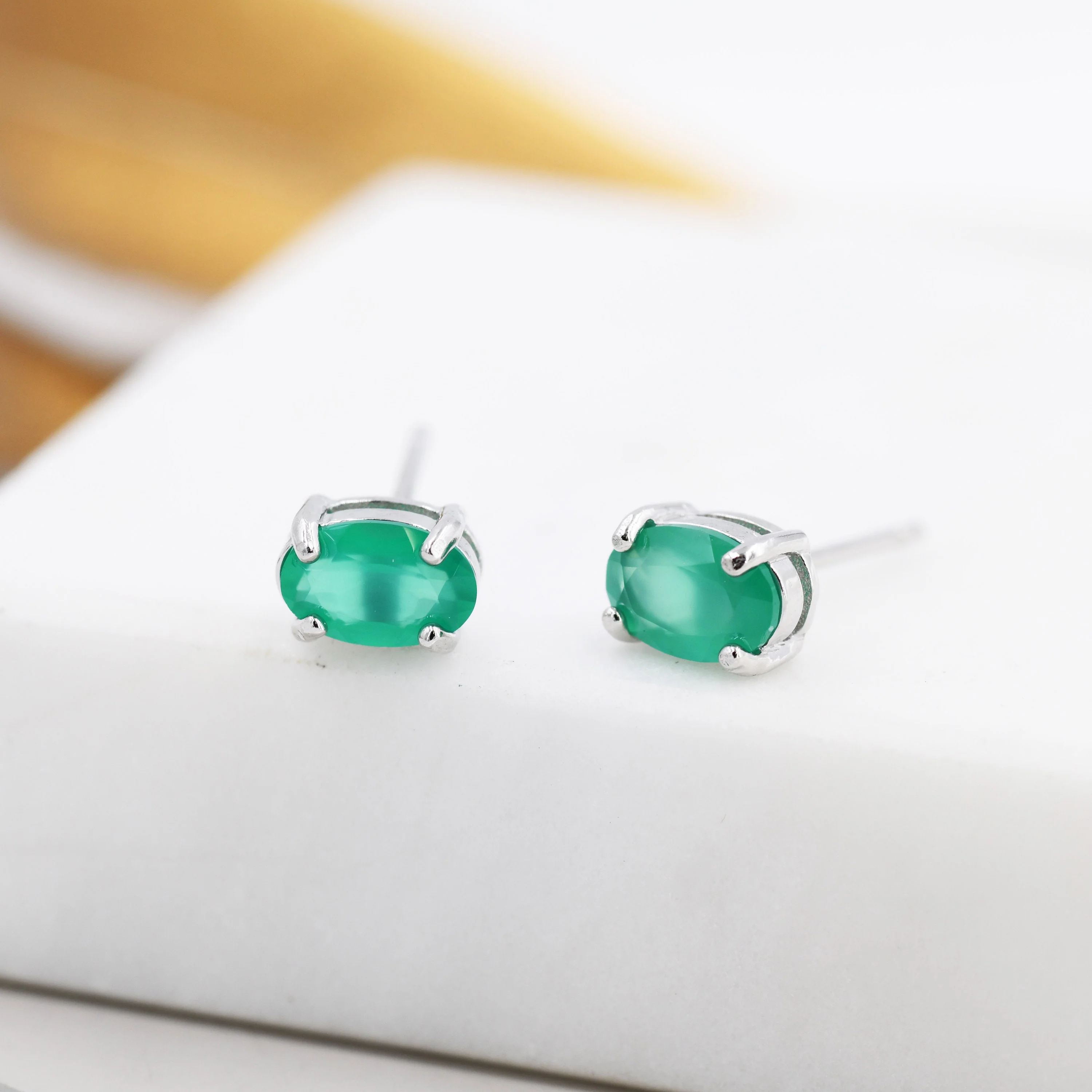Genuine Green Onyx Crystal Stud Earrings in Sterling Silver, Natural Green Onyx Oval Stud Earrings, - Image 3