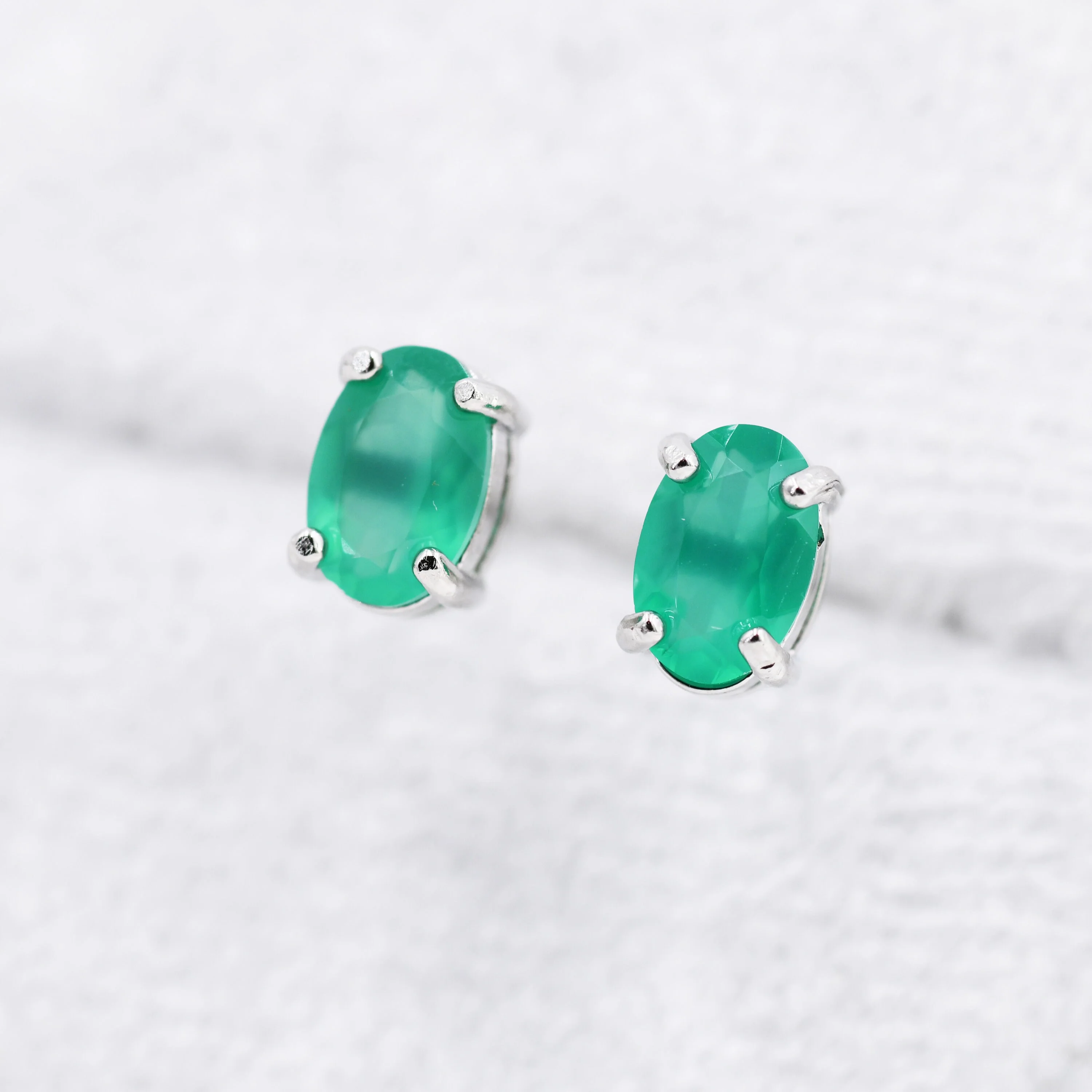 Genuine Green Onyx Crystal Stud Earrings in Sterling Silver, Natural Green Onyx Oval Stud Earrings, - Image 4
