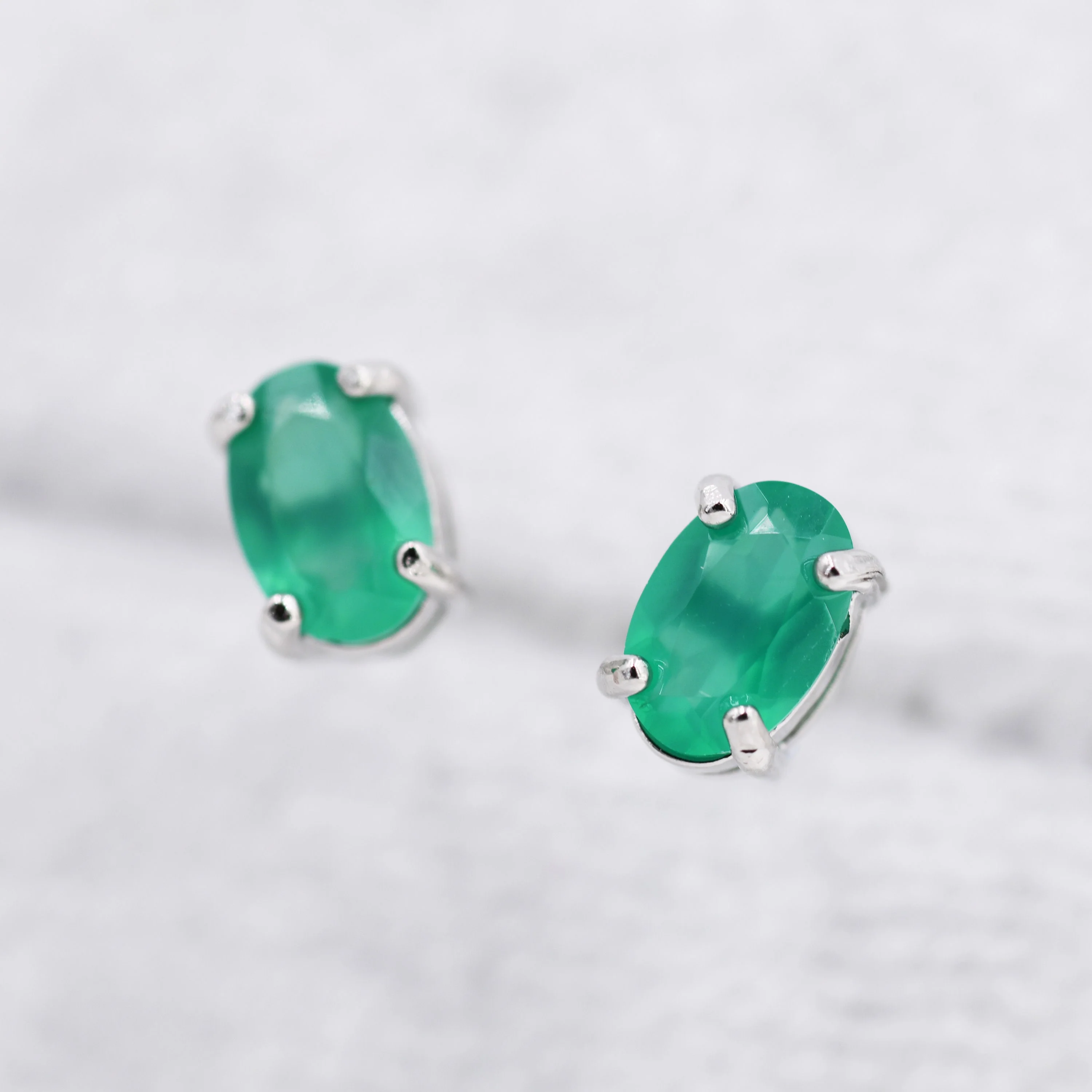 Genuine Green Onyx Crystal Stud Earrings in Sterling Silver, Natural Green Onyx Oval Stud Earrings, - Image 5