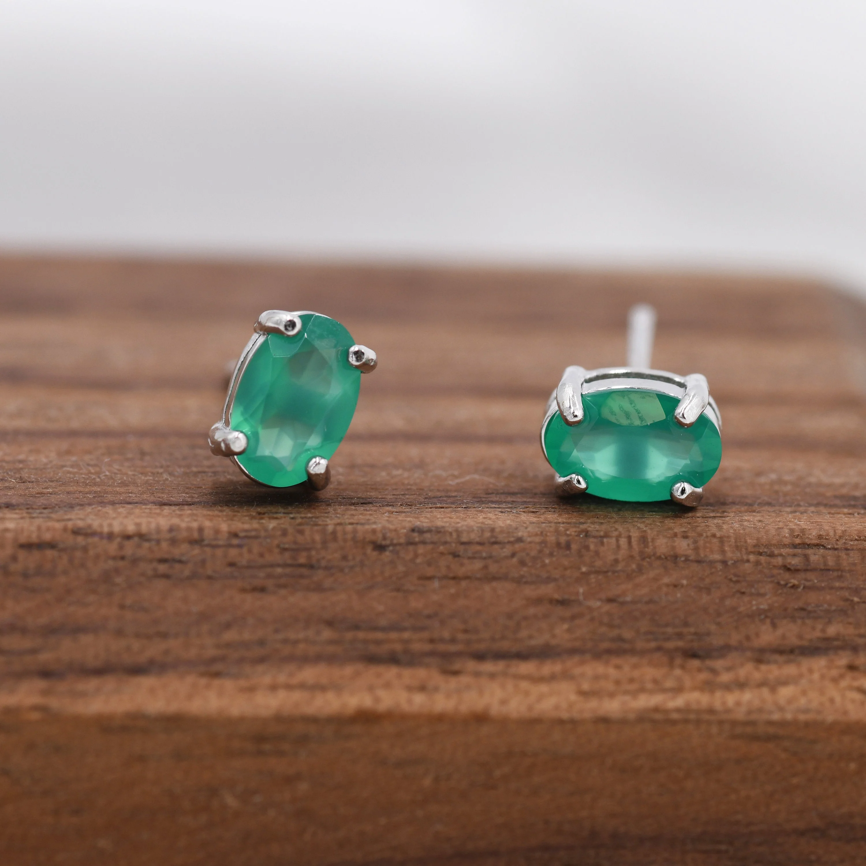 Genuine Green Onyx Crystal Stud Earrings in Sterling Silver, Natural Green Onyx Oval Stud Earrings, - Image 6