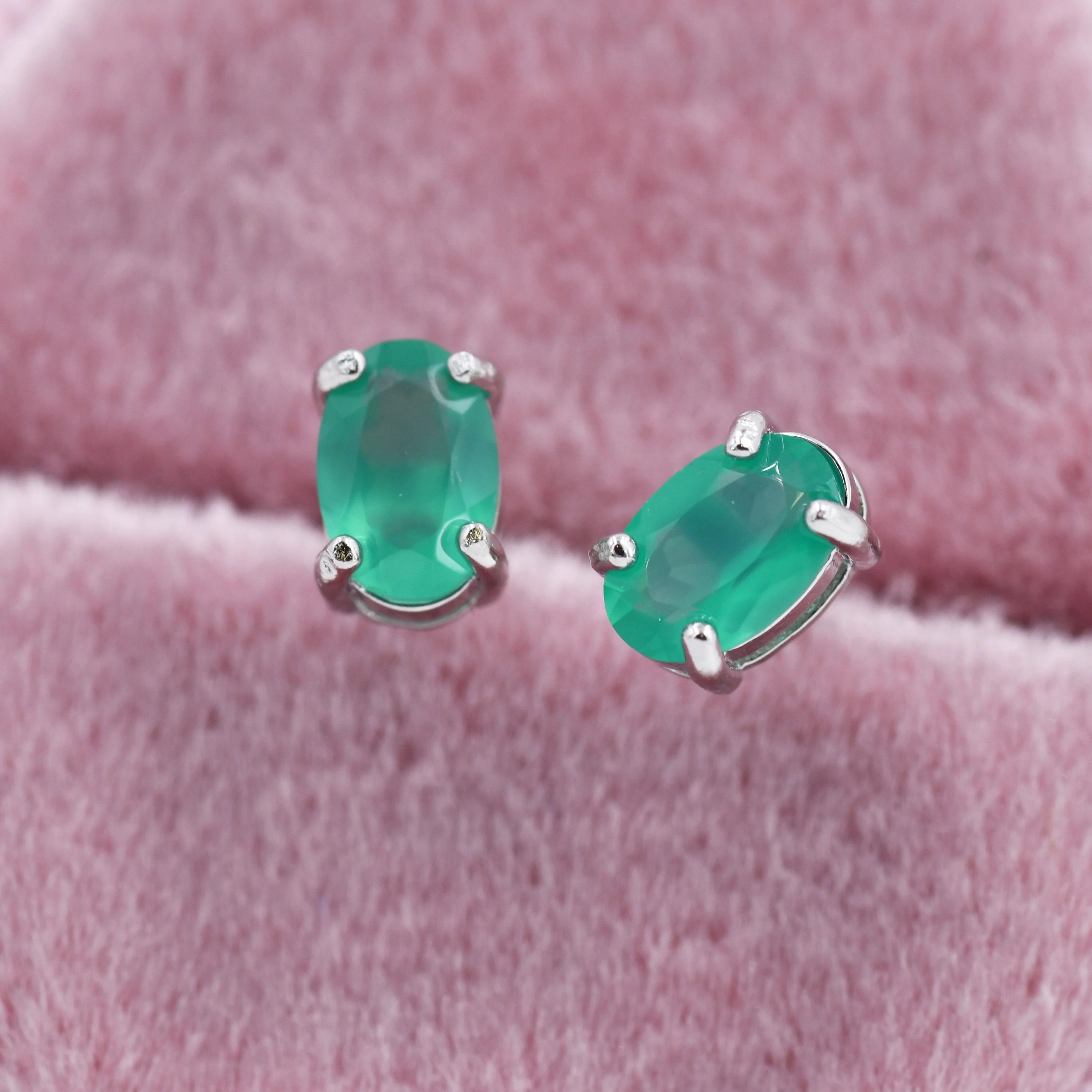 Genuine Green Onyx Crystal Stud Earrings in Sterling Silver, Natural Green Onyx Oval Stud Earrings, - Image 7