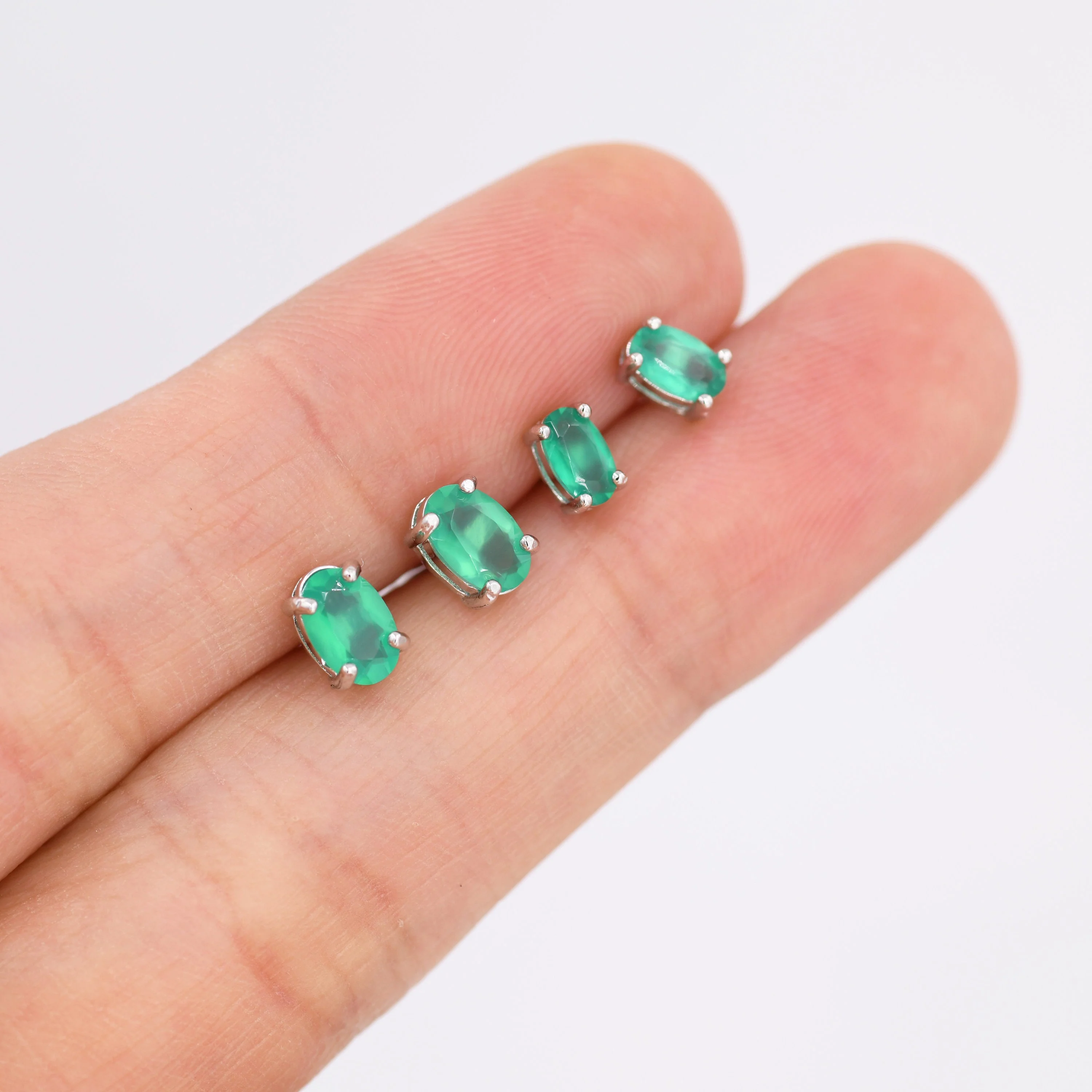 Genuine Green Onyx Crystal Stud Earrings in Sterling Silver, Natural Green Onyx Oval Stud Earrings, - Image 8